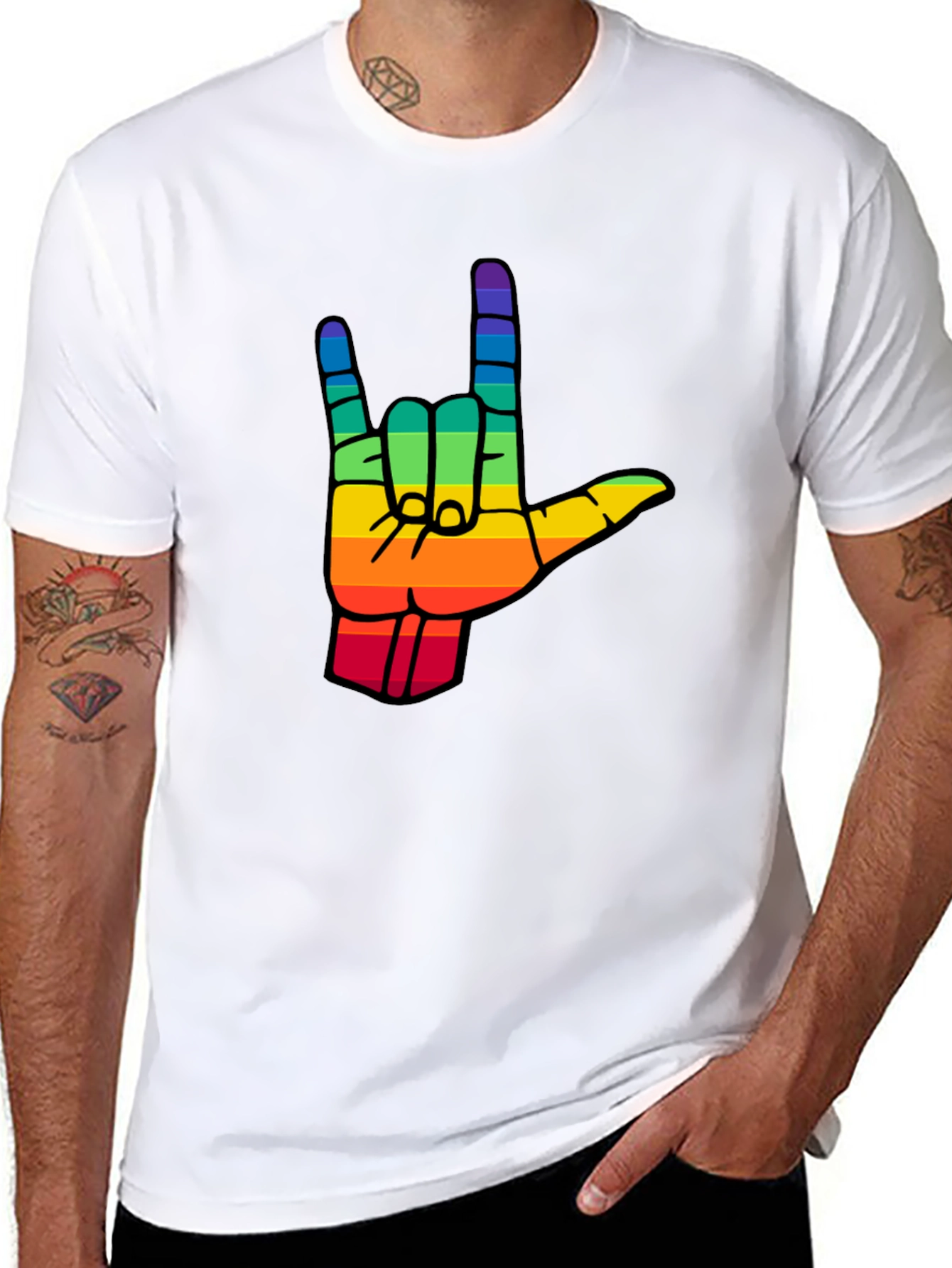 Rainbow I Love You Hand Sign Black T-Shirt