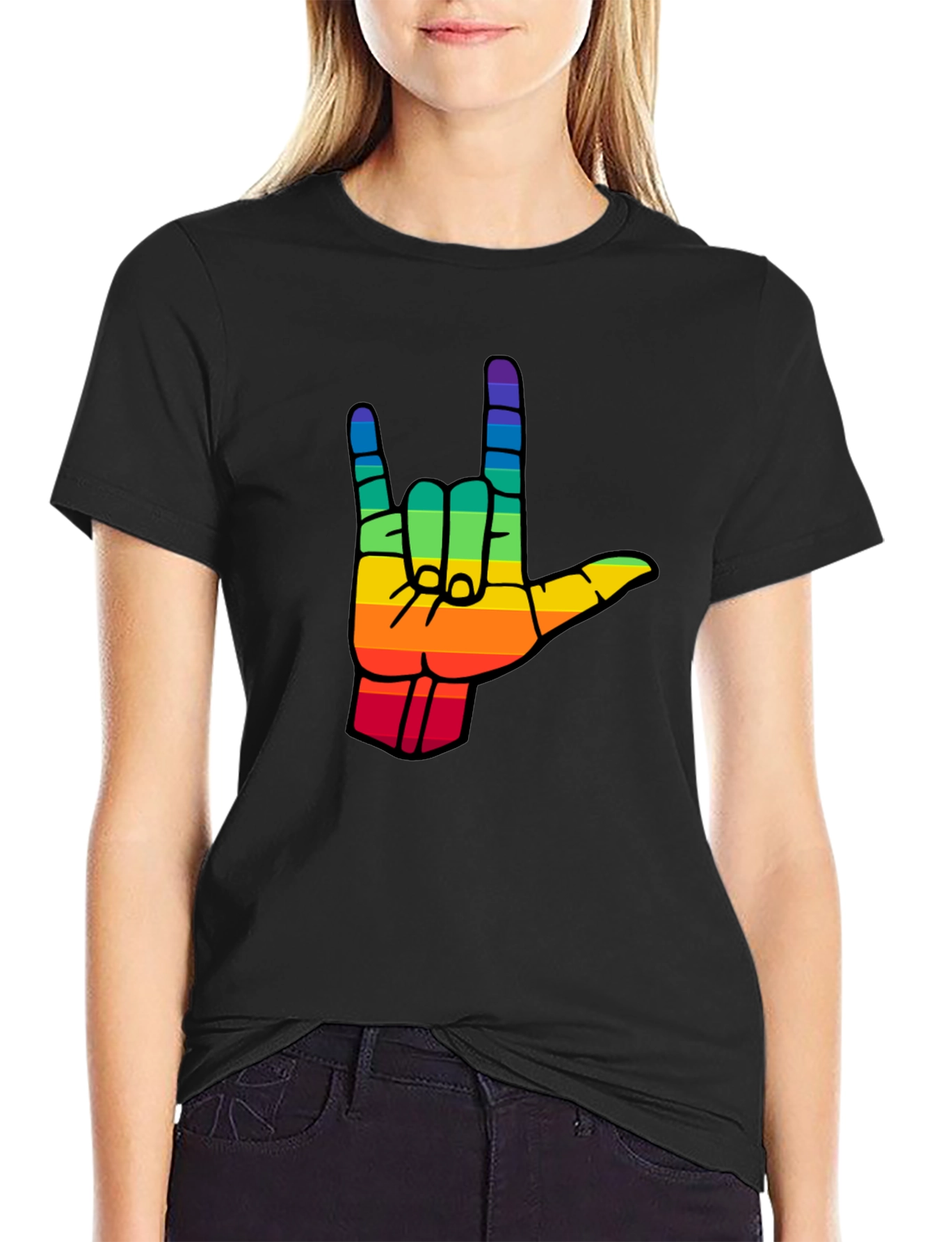 Rainbow I Love You Hand Sign Black T-Shirt