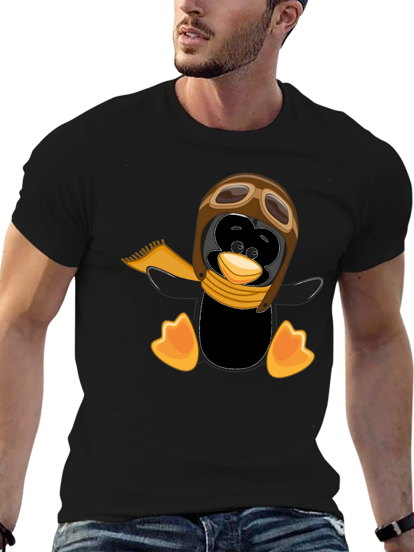 Penguin Aviator Graphic Tee - Black Cotton T-Shirt