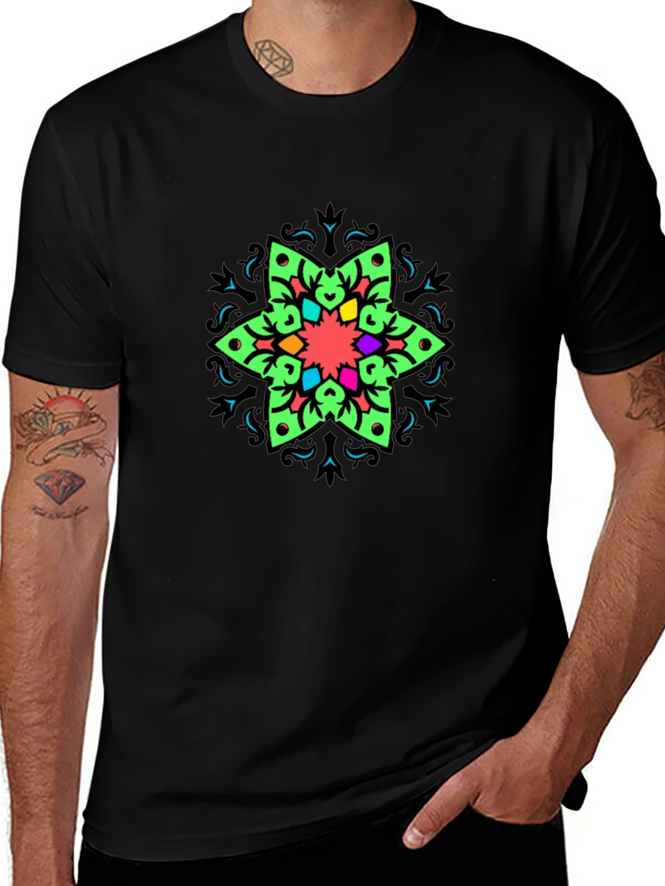 Vibrant Mandala Graphic Print Black T-Shirt