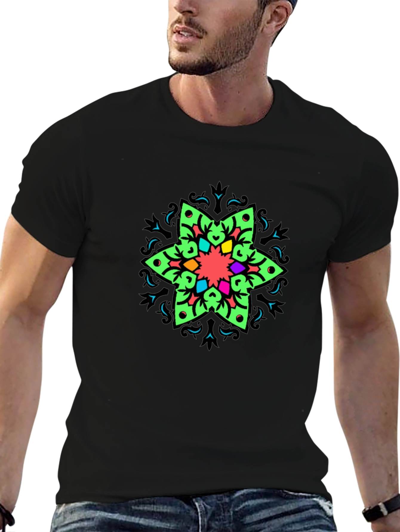 Vibrant Mandala Graphic Print Black T-Shirt