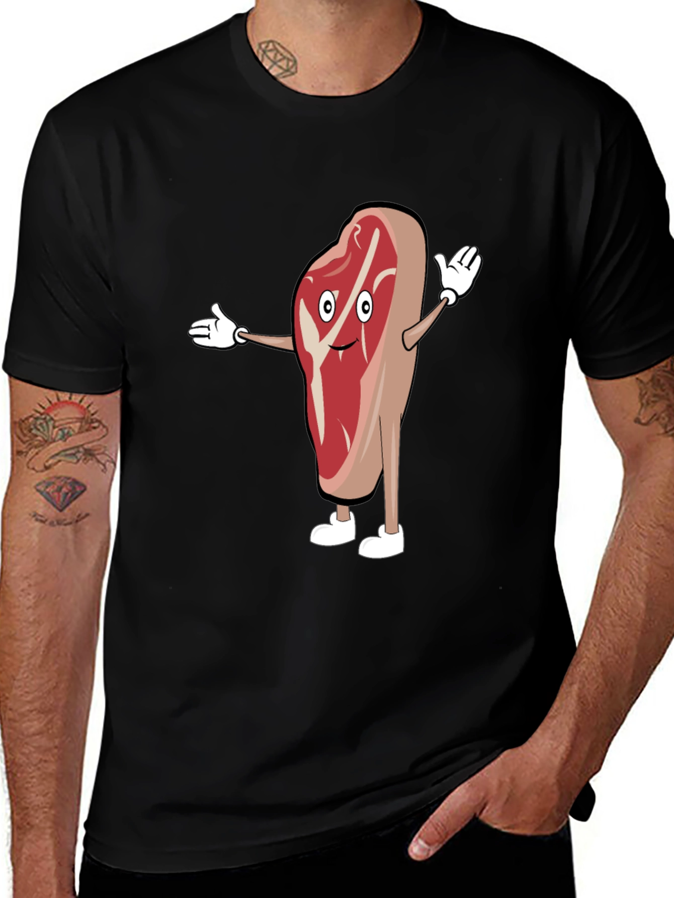 Funny Cartoon Steak T-Shirt - Black