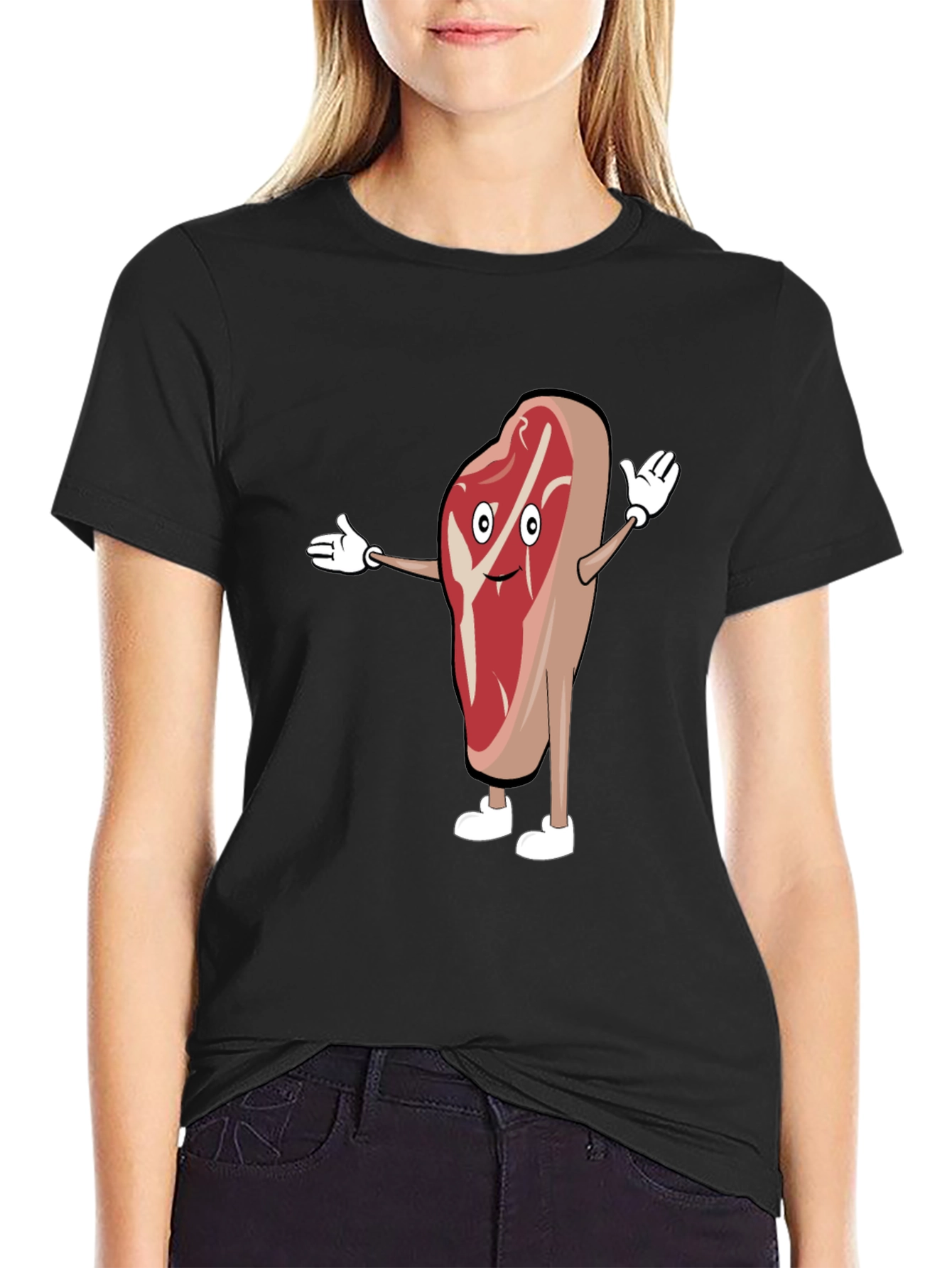 Funny Cartoon Steak T-Shirt - Black