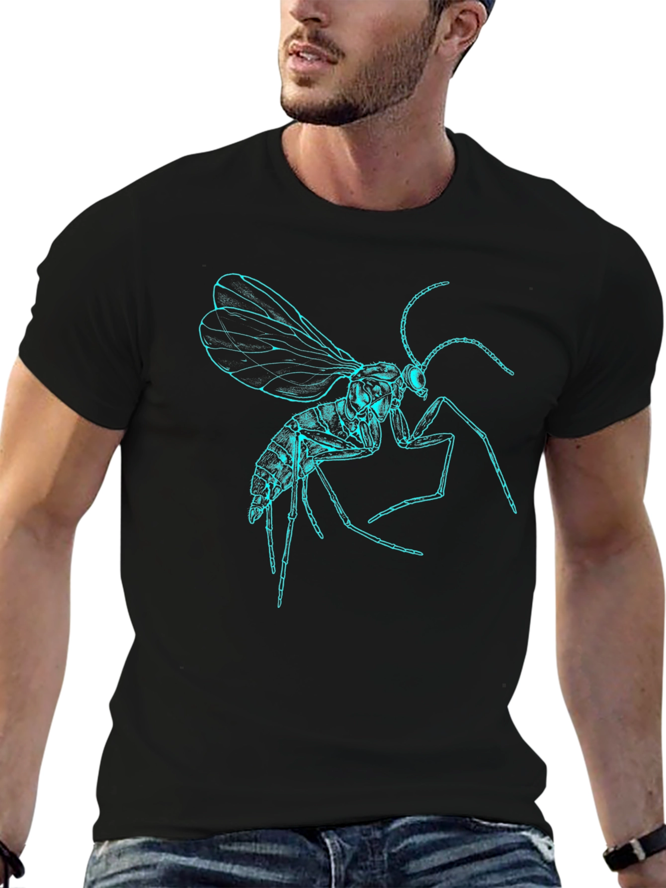 Neon Insect Graphic Tee - Black Cotton T-Shirt