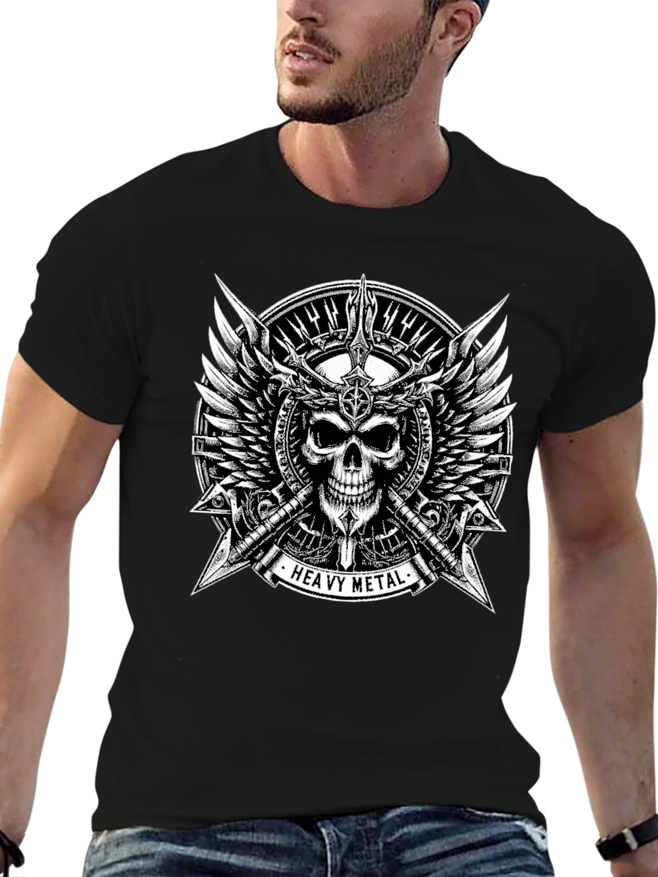 Heavy Metal Skull & Wings Black T-Shirt