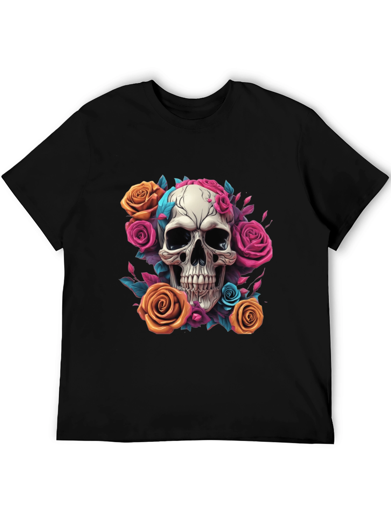 Skull & Roses Graphic Tee - Black Cotton Shirt