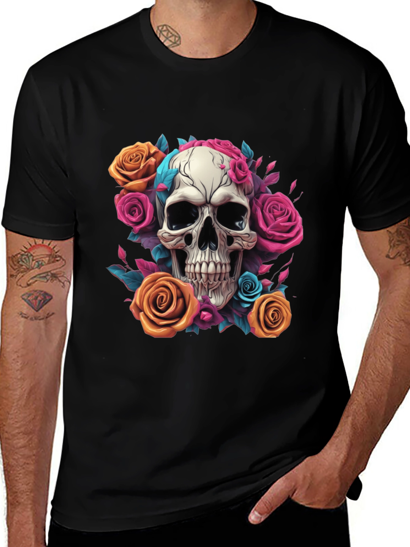 Skull & Roses Graphic Tee - Black Cotton Shirt