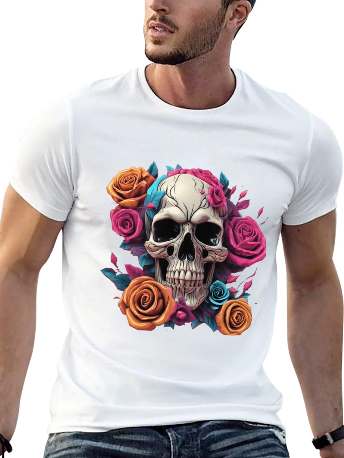 Skull & Roses Graphic Tee - Black Cotton Shirt