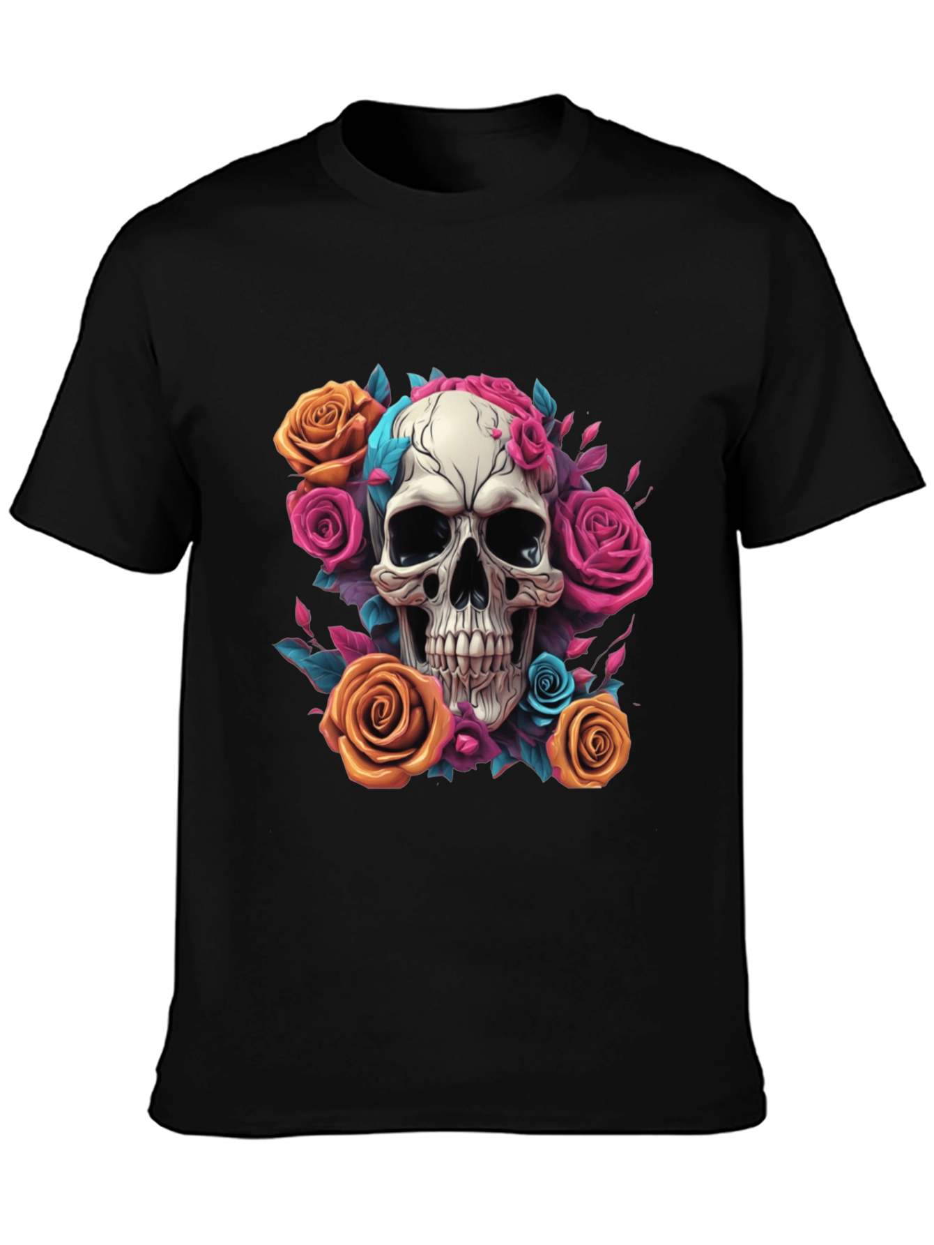 Skull & Roses Graphic Tee - Black Cotton Shirt