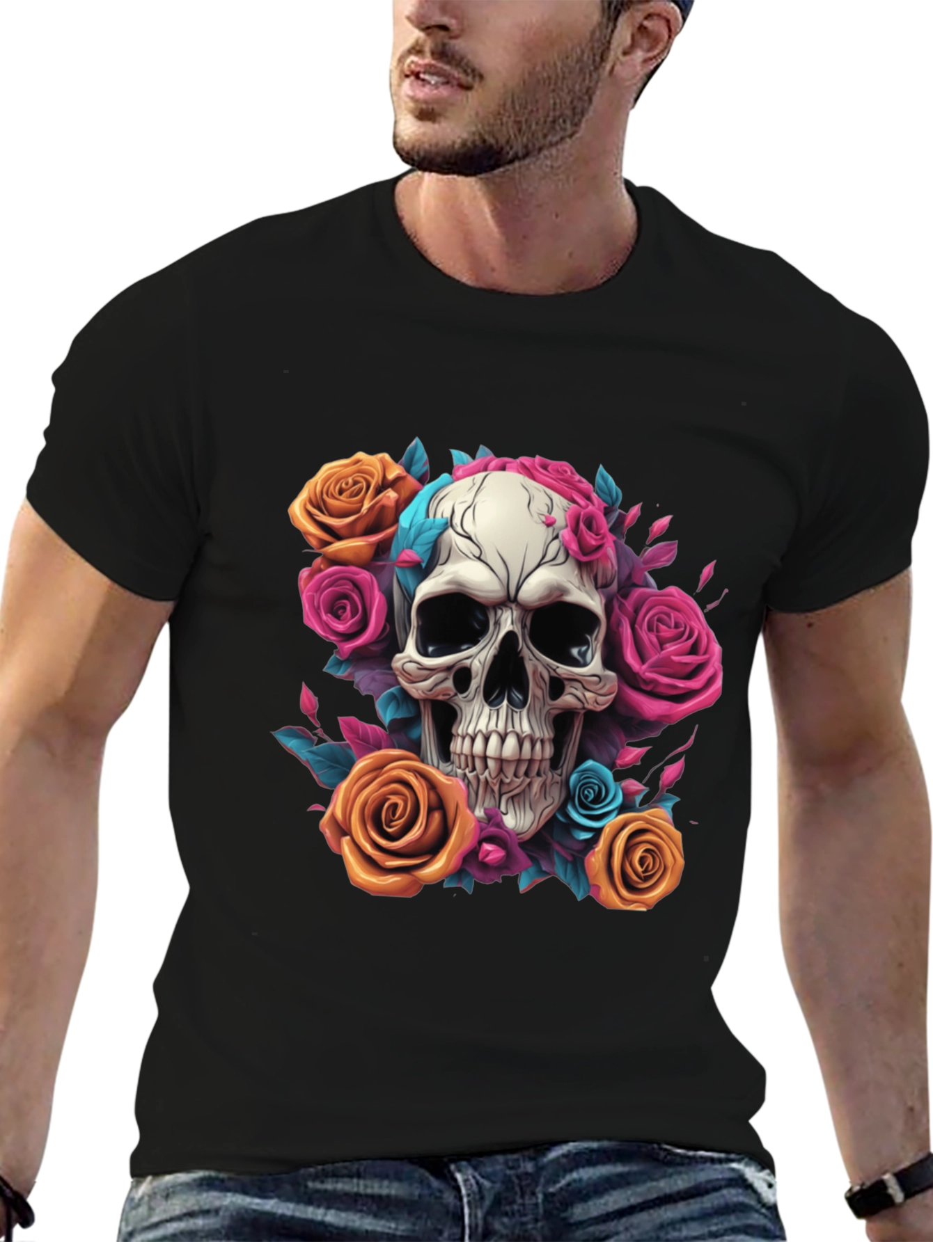 Skull & Roses Graphic Tee - Black Cotton Shirt