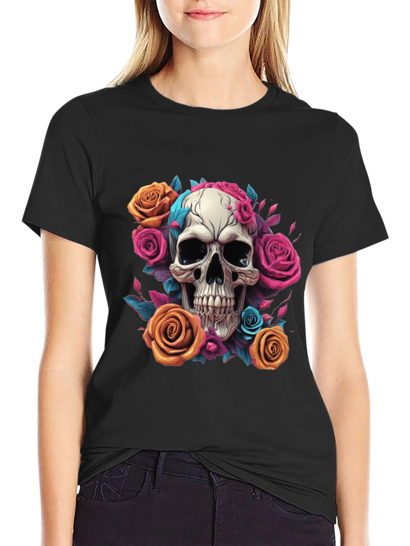 Skull & Roses Graphic Tee - Black Cotton Shirt