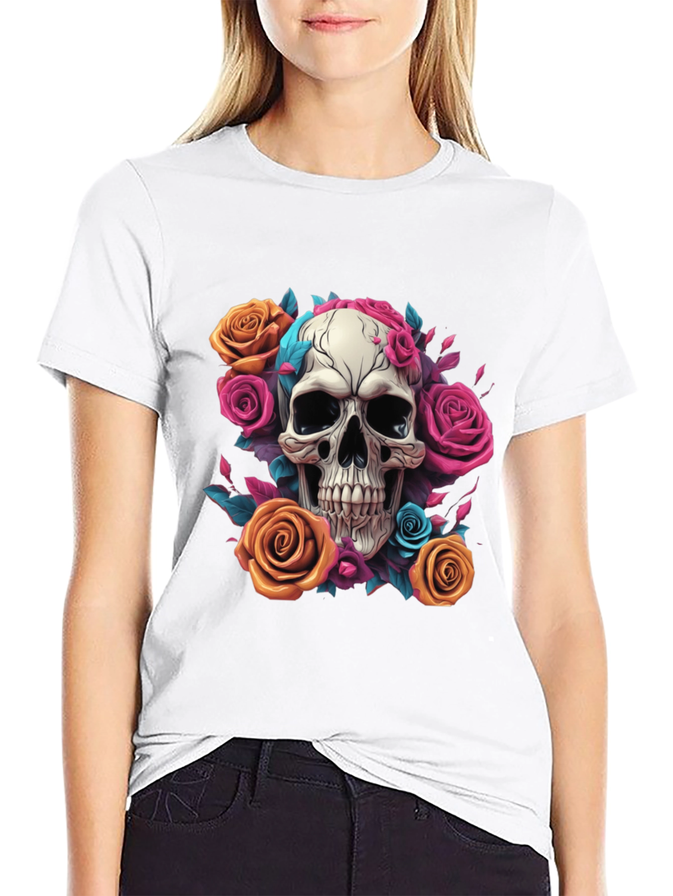 Skull & Roses Graphic Tee - Black Cotton Shirt