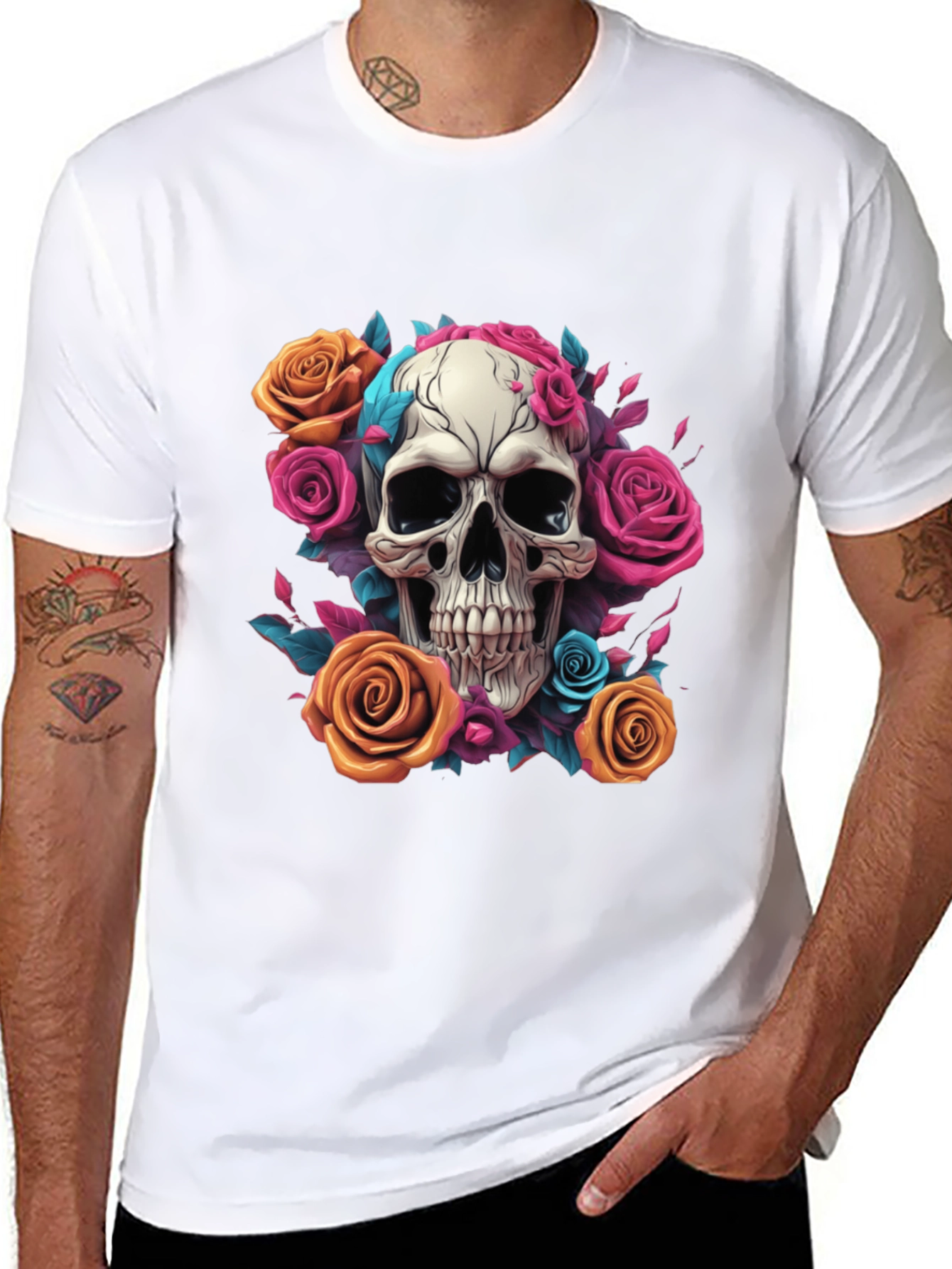 Skull & Roses Graphic Tee - Black Cotton Shirt