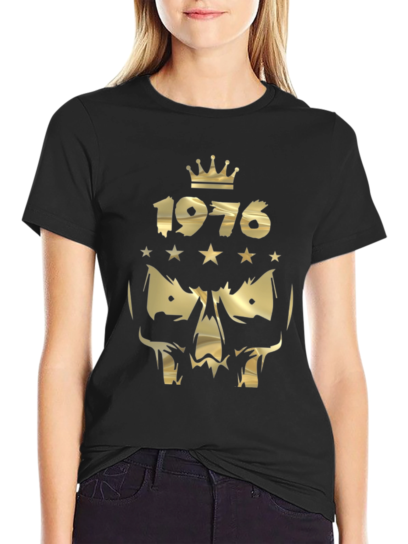 Gold 1976 Crown Skull Graphic Black T-Shirt