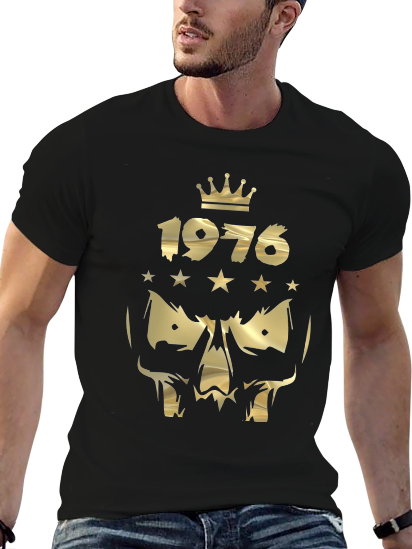Gold 1976 Crown Skull Graphic Black T-Shirt