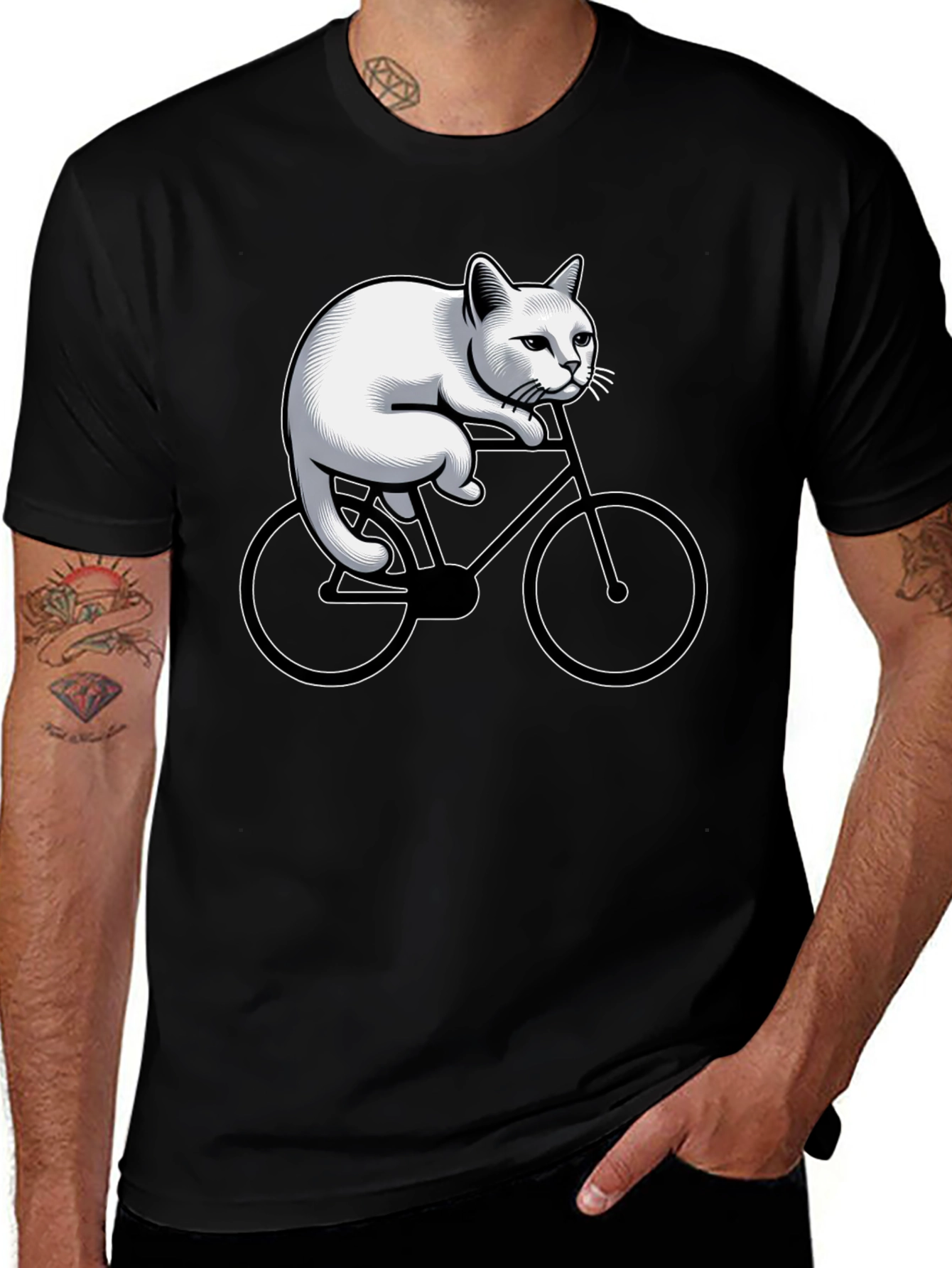Cat Riding Bicycle Graphic Tee - Black