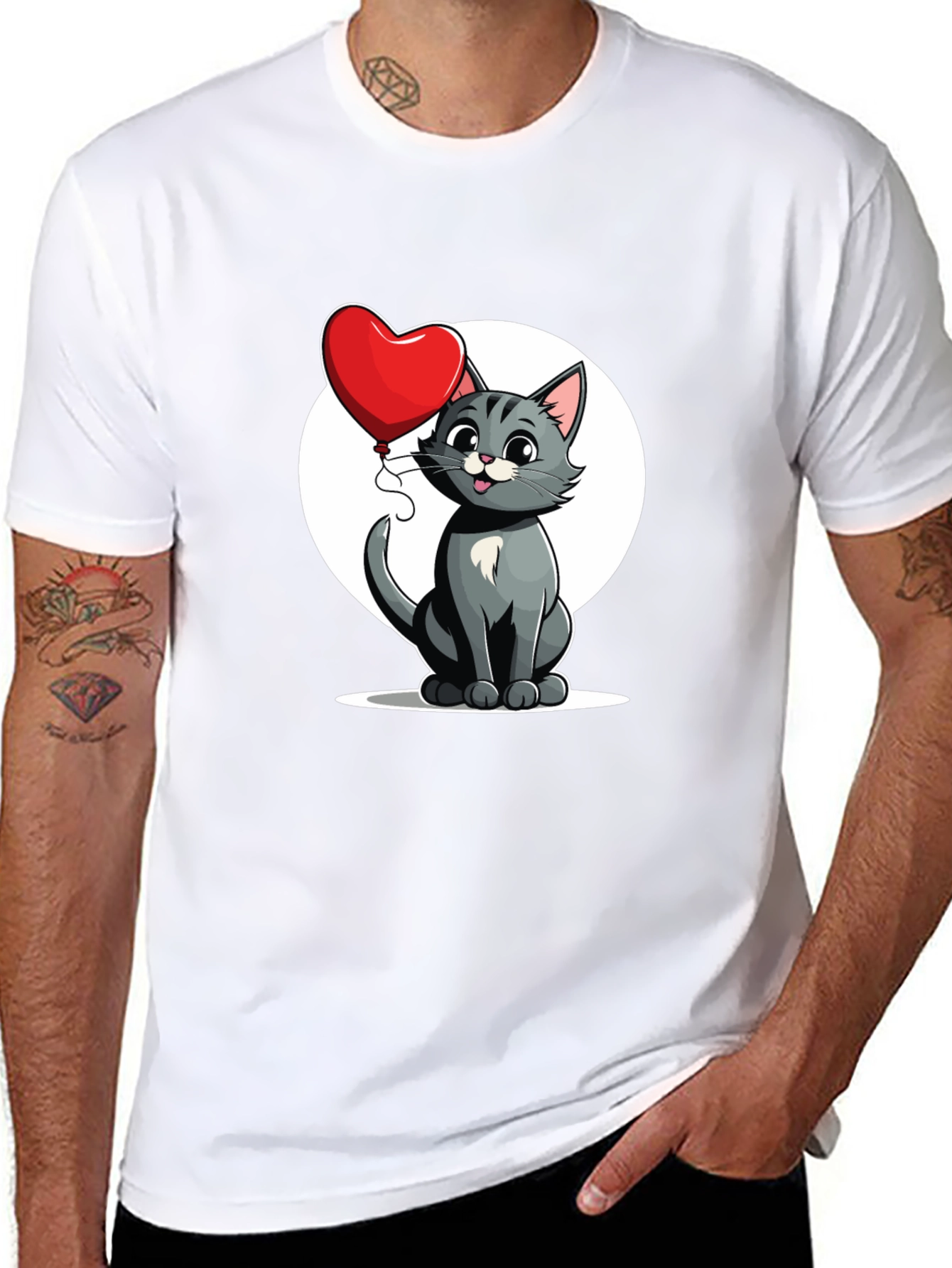 Cute Cartoon Cat with Heart Balloon T-Shirt