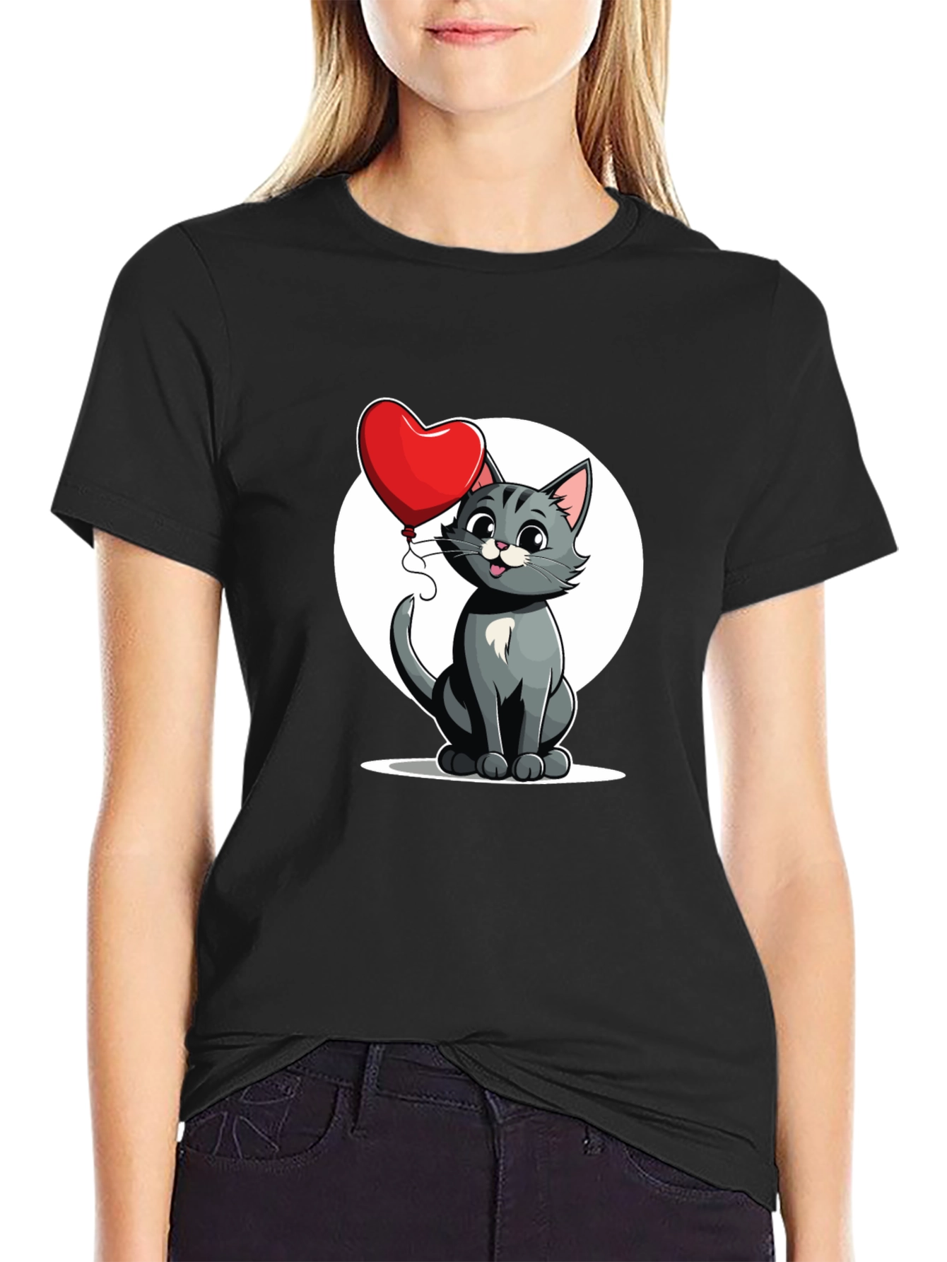 Cute Cartoon Cat with Heart Balloon T-Shirt