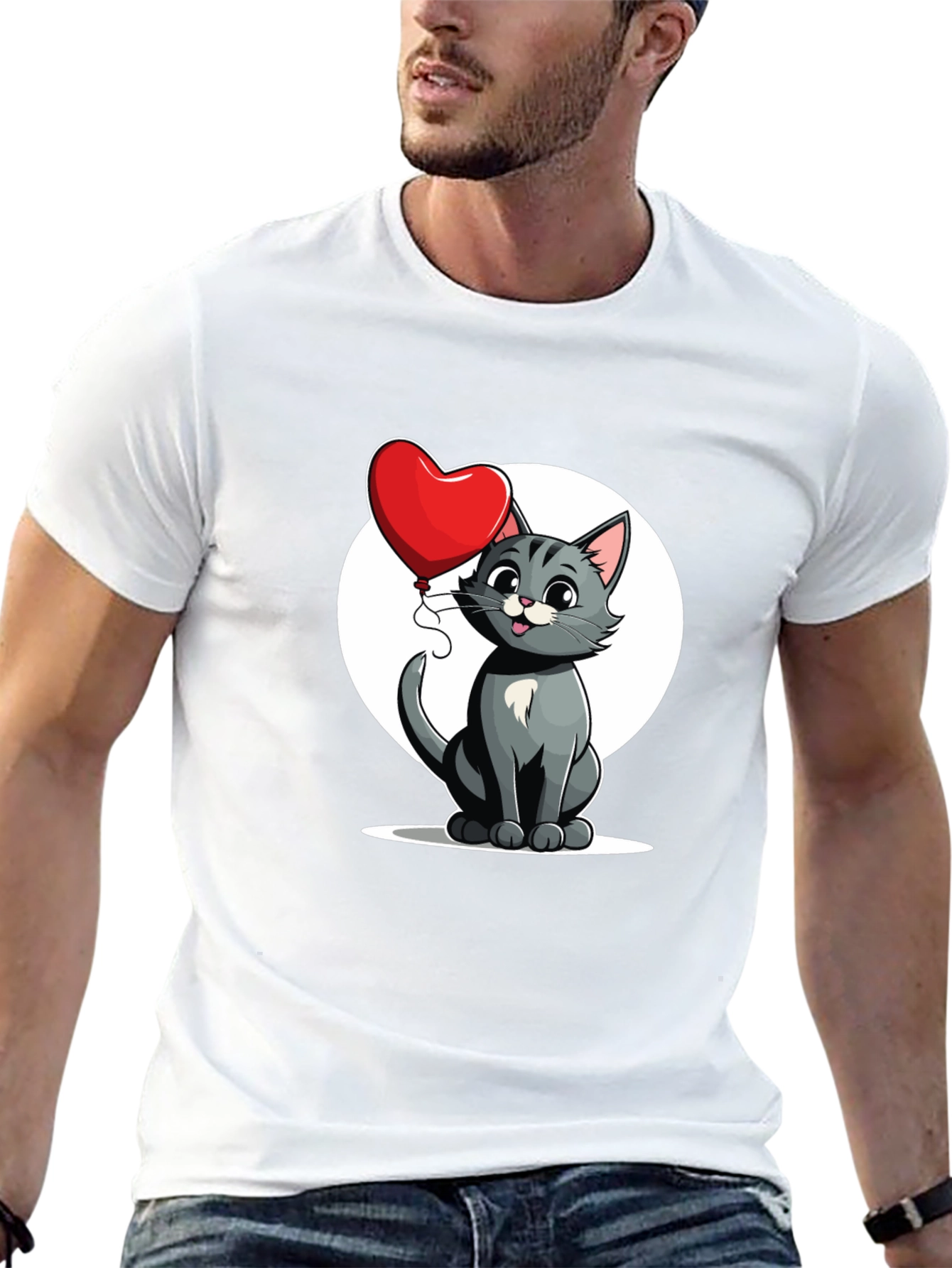 Cute Cartoon Cat with Heart Balloon T-Shirt