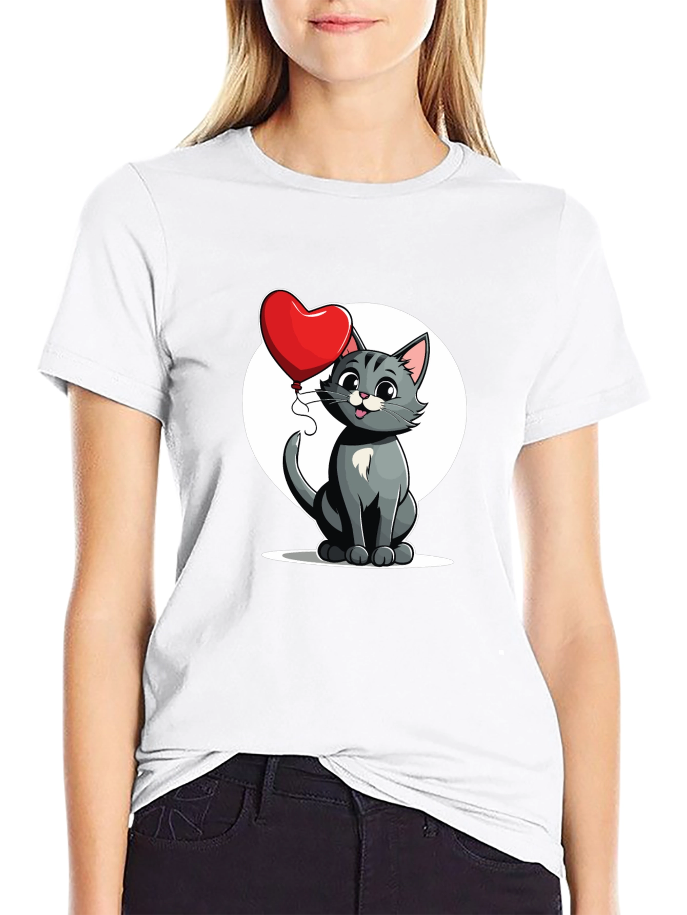 Cute Cartoon Cat with Heart Balloon T-Shirt