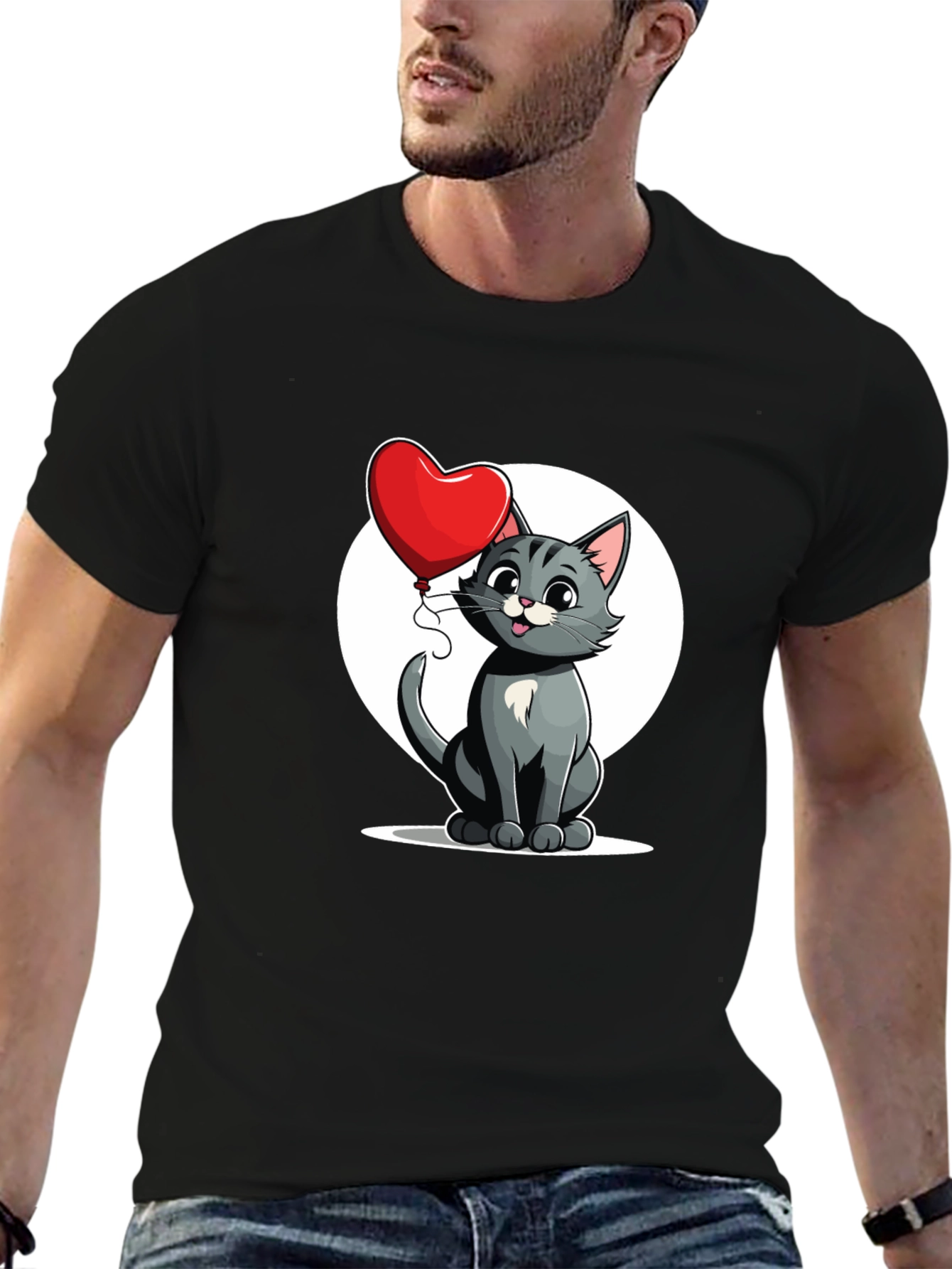 Cute Cartoon Cat with Heart Balloon T-Shirt