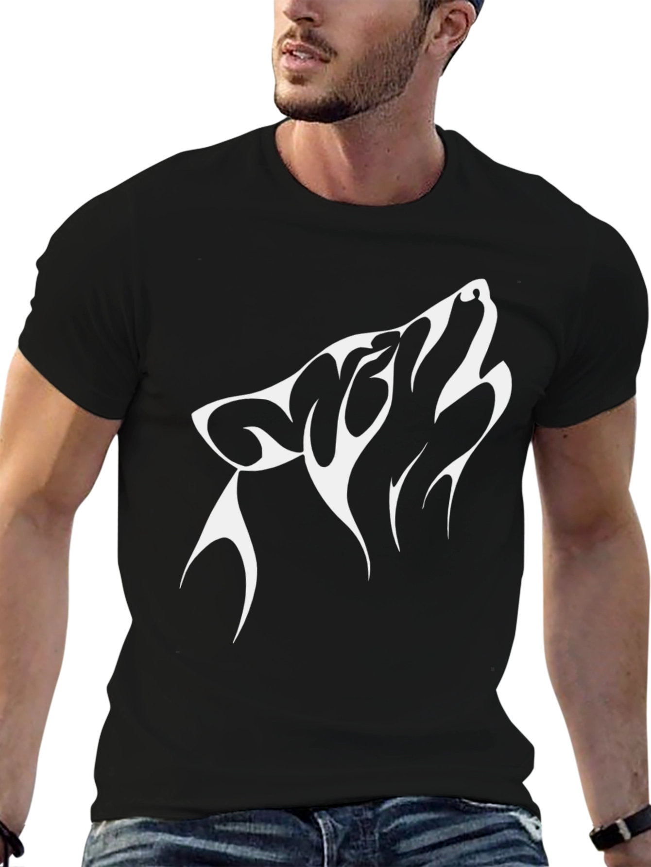 Mens Black T-Shirt with White Wolf Graphic