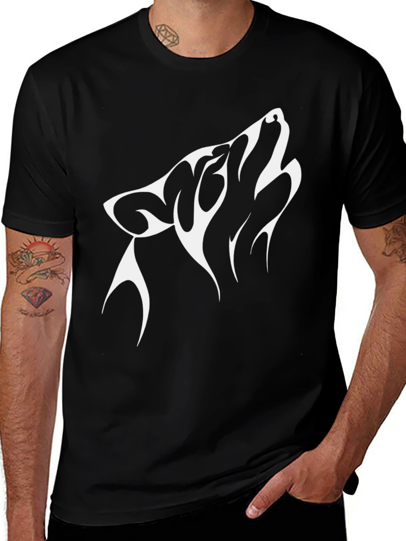 Mens Black T-Shirt with White Wolf Graphic