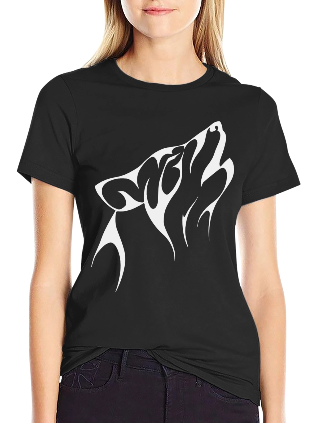Mens Black T-Shirt with White Wolf Graphic
