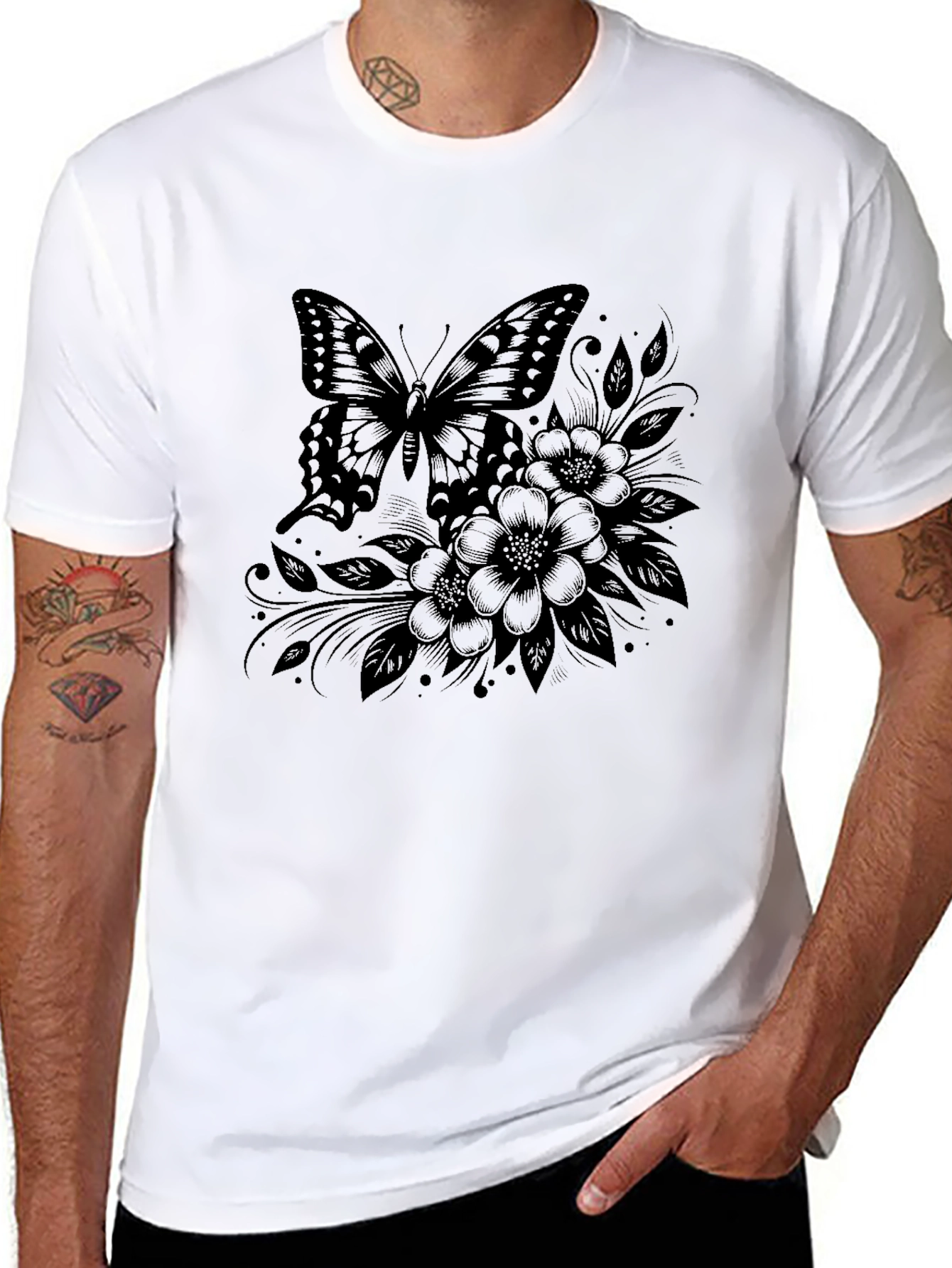 Butterfly Floral Graphic Tee - Stylish Black T-Shirt