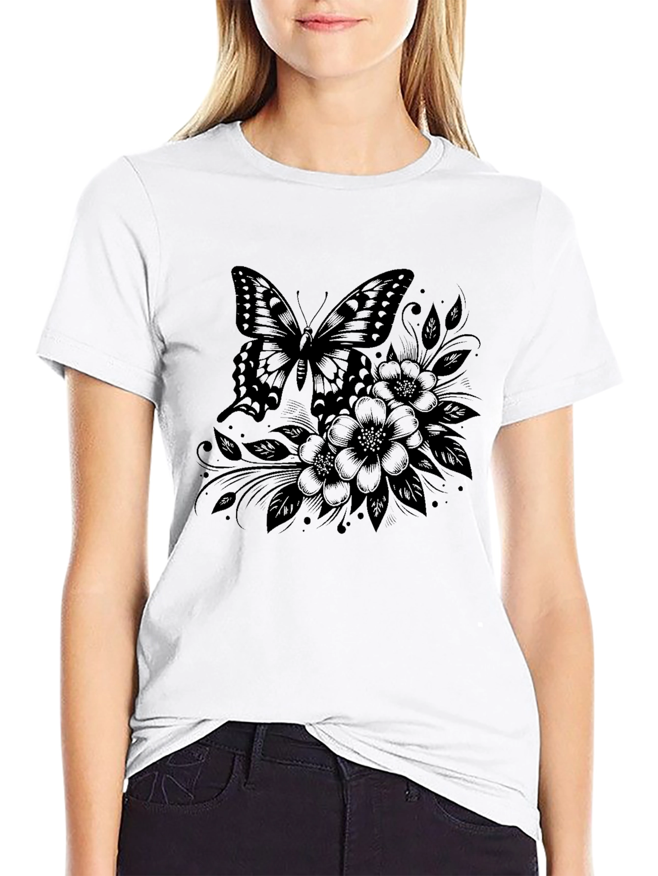 Butterfly Floral Graphic Tee - Stylish Black T-Shirt
