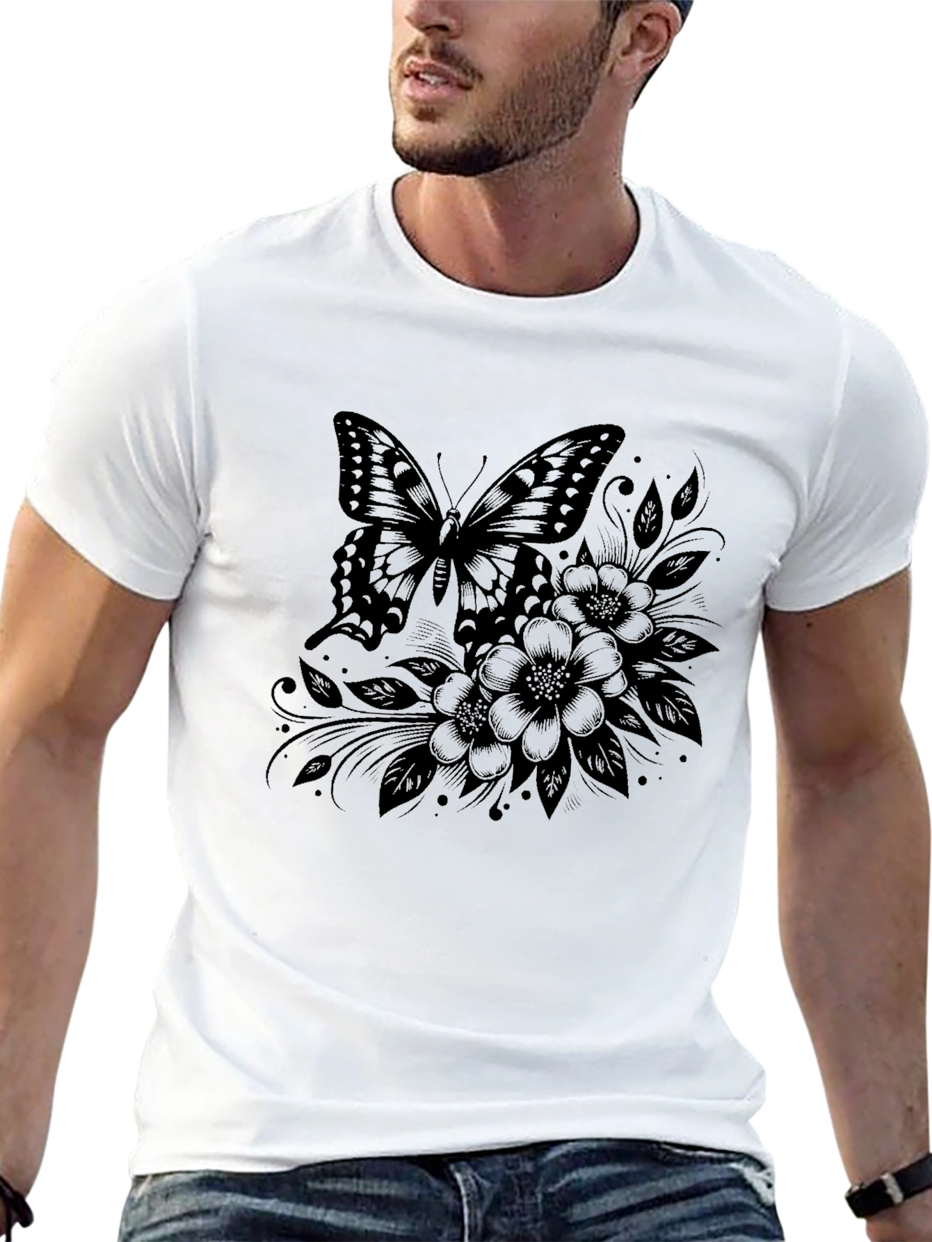 Butterfly Floral Graphic Tee - Stylish Black T-Shirt