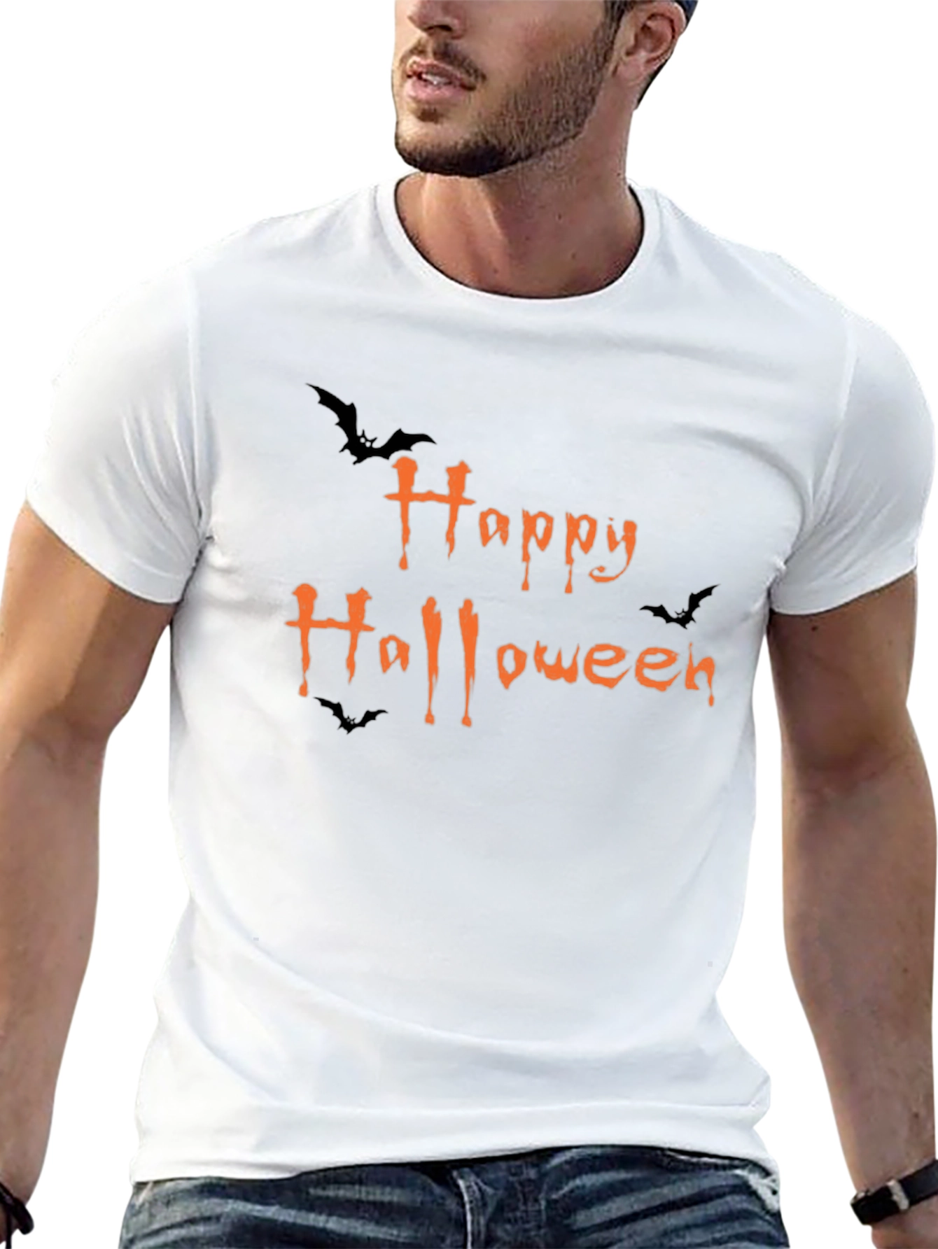 Happy Halloween T-Shirt Black Cotton Graphic Tee Bats