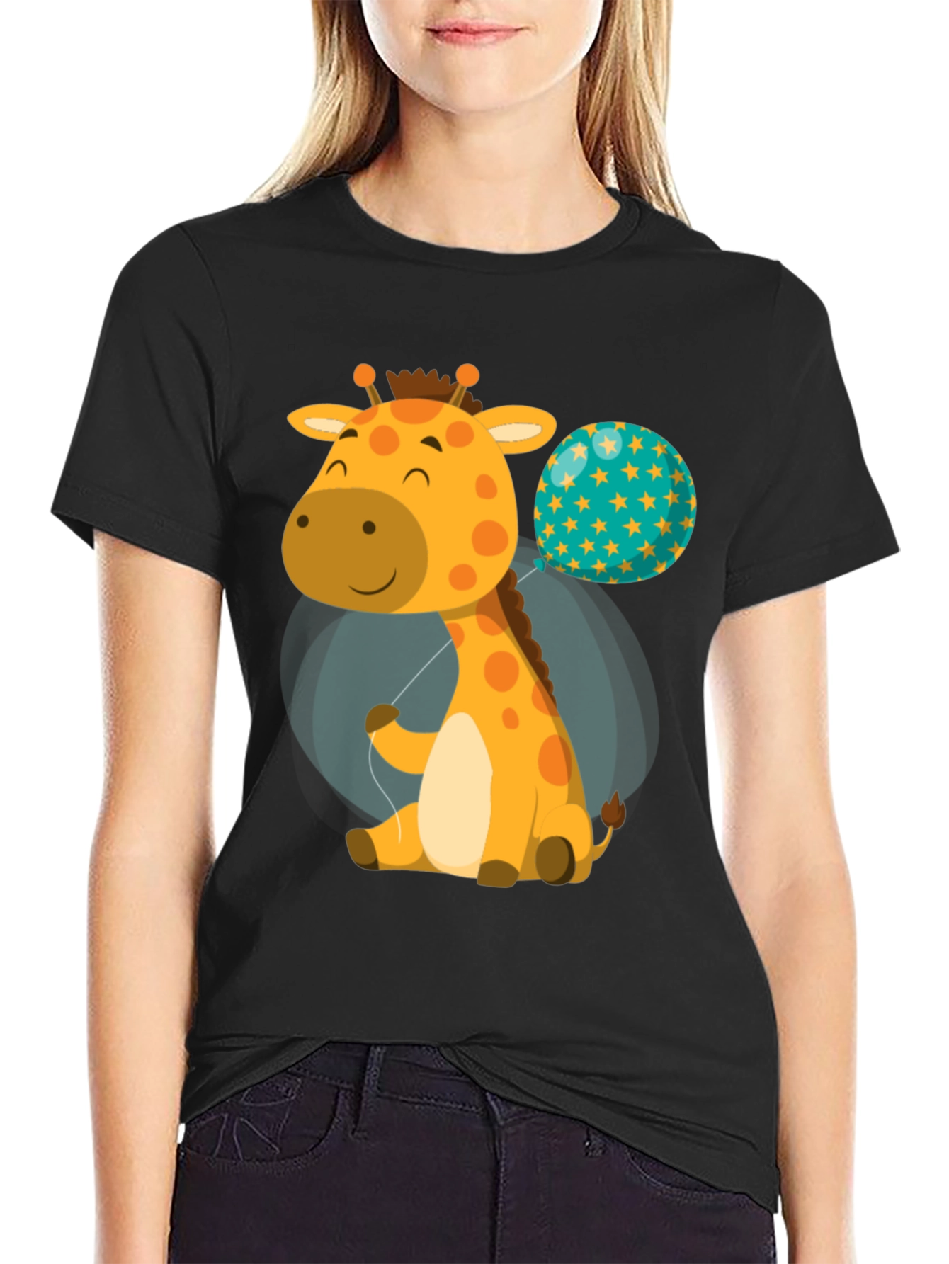 Cute Giraffe & Balloon Graphic T-Shirt