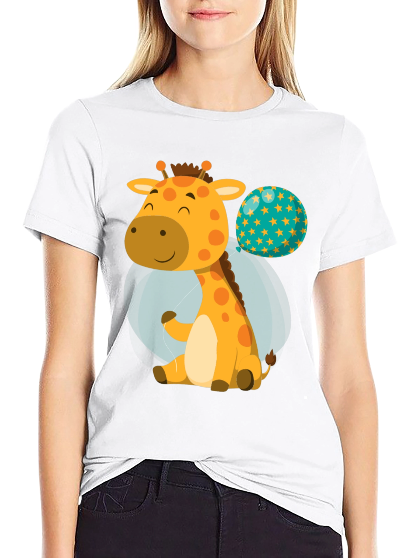 Cute Giraffe & Balloon Graphic T-Shirt