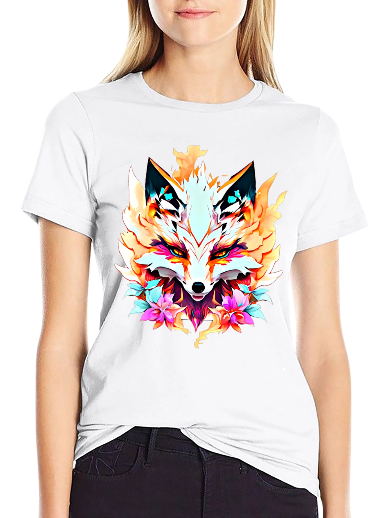 Floral Fox Graphic Tee - Artistic Animal Print