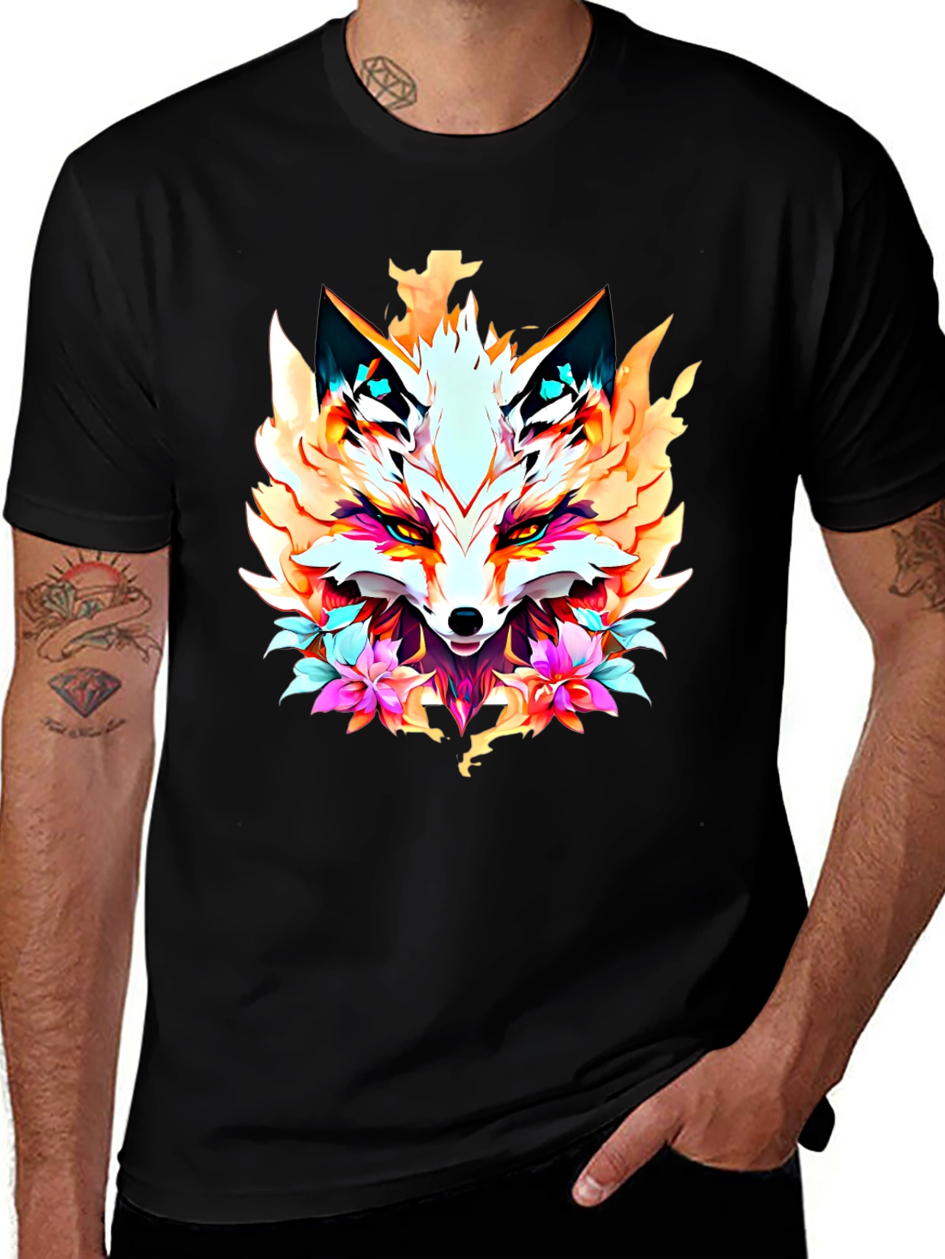 Floral Fox Graphic Tee - Artistic Animal Print