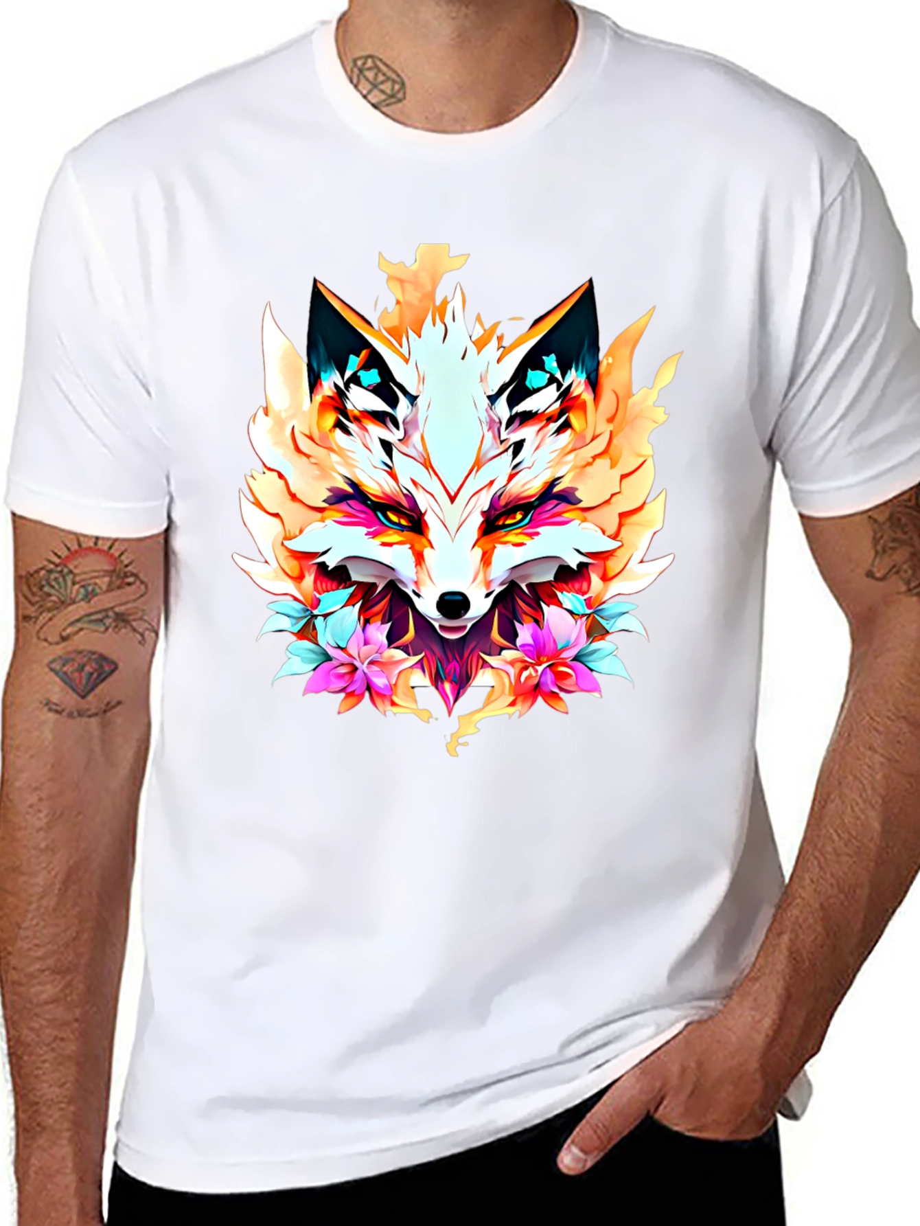 Floral Fox Graphic Tee - Artistic Animal Print