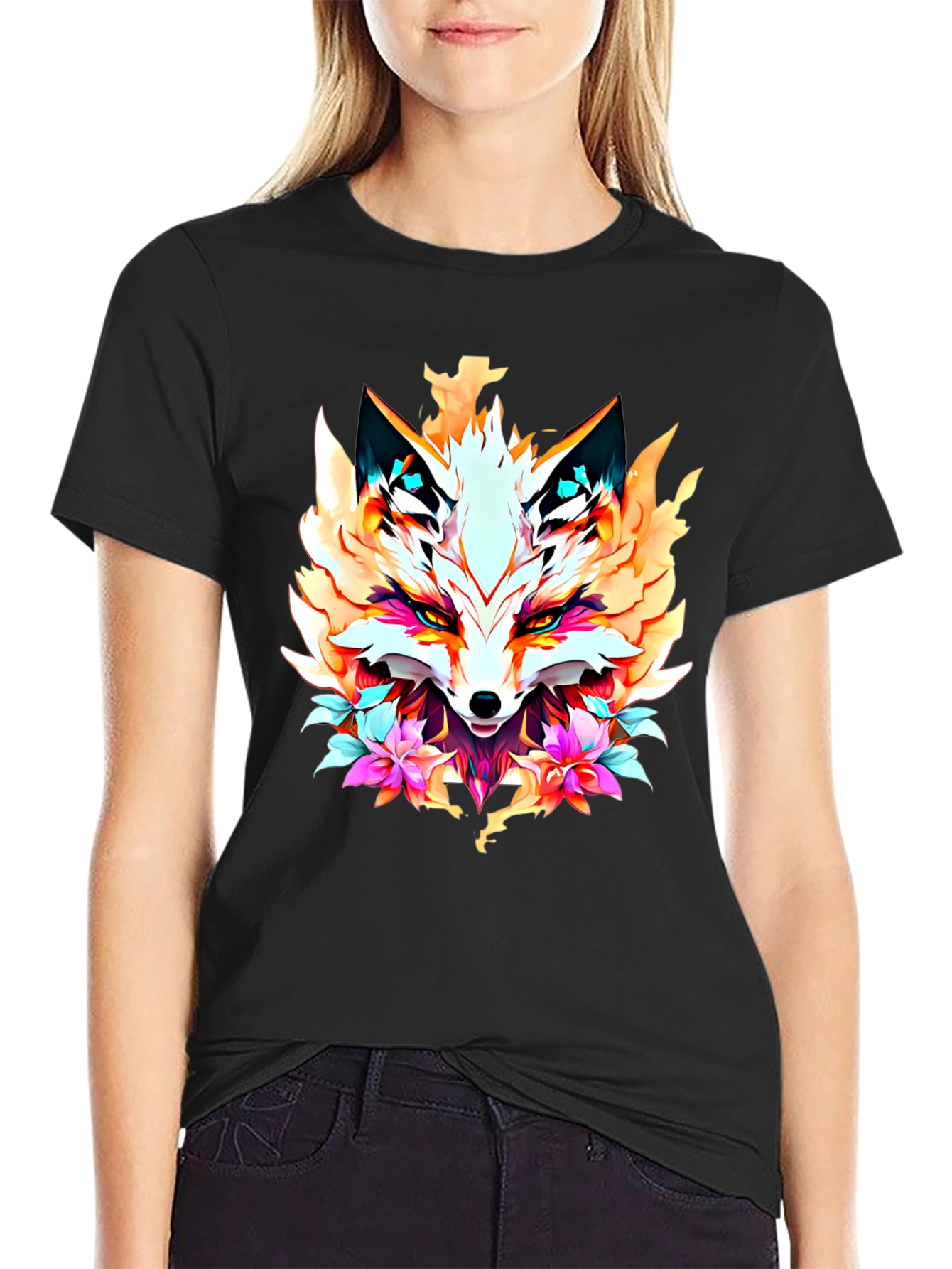 Floral Fox Graphic Tee - Artistic Animal Print