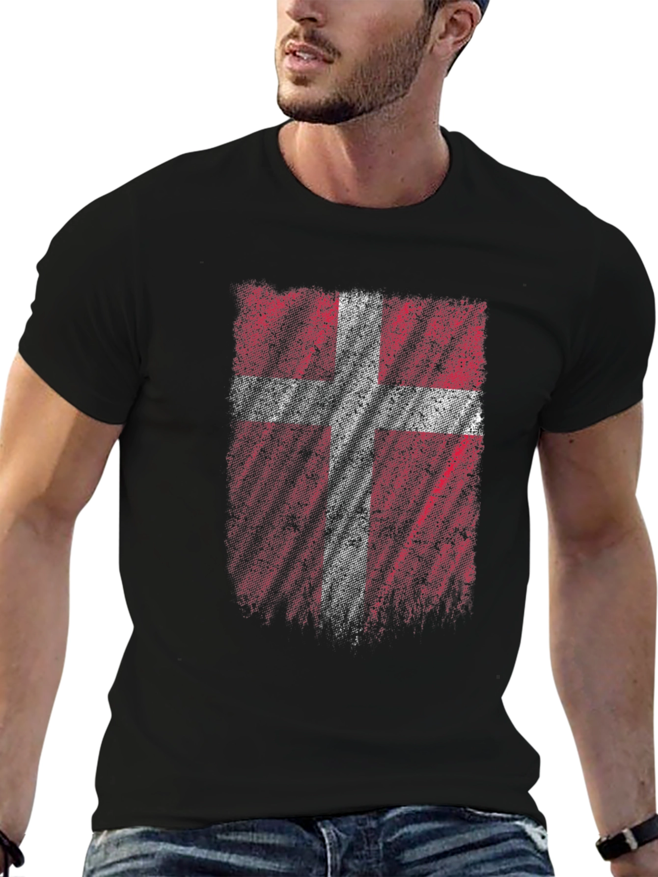 Denmark Flag Distressed Mens Black T-Shirt