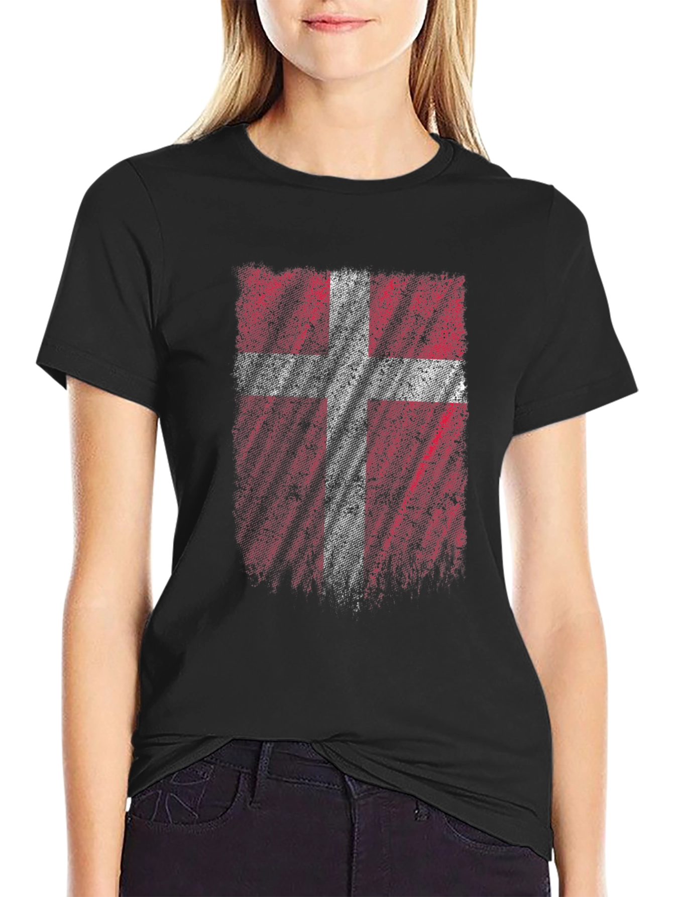 Denmark Flag Distressed Mens Black T-Shirt