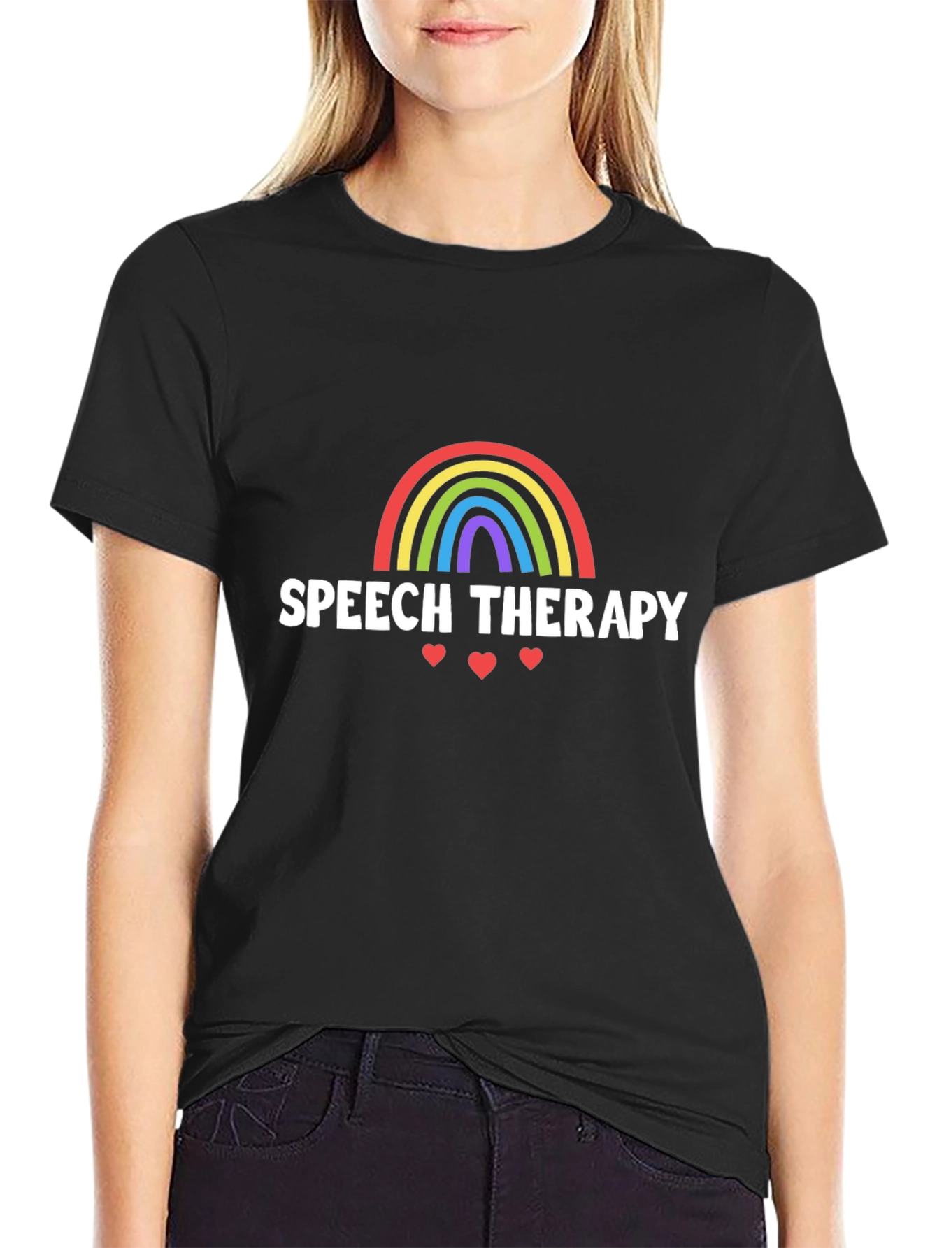Speech Therapy Rainbow Heart Graphic Tee - Black