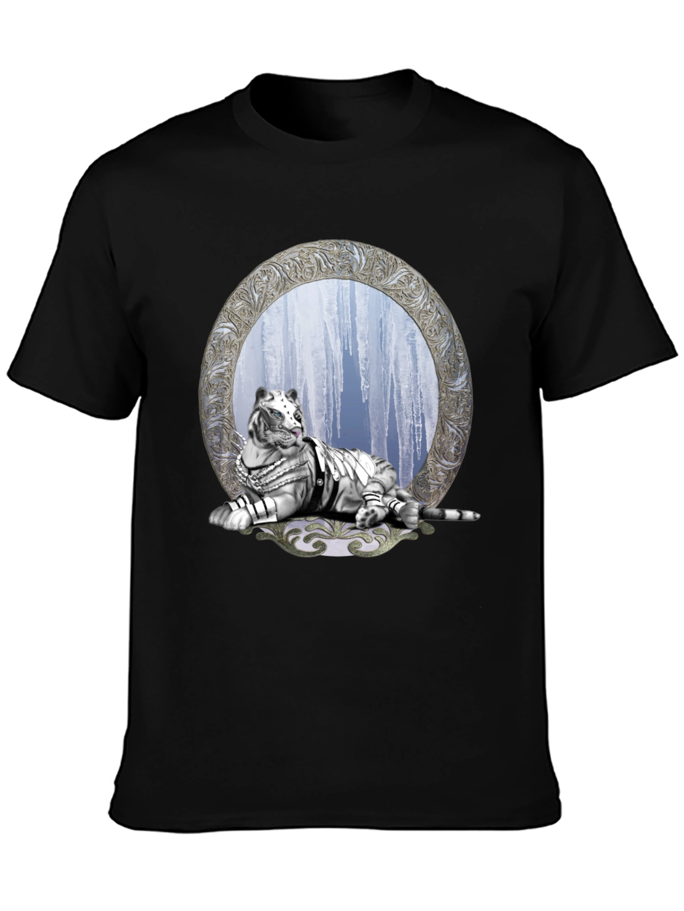 Black T-Shirt with White Tiger & Icicle Graphic