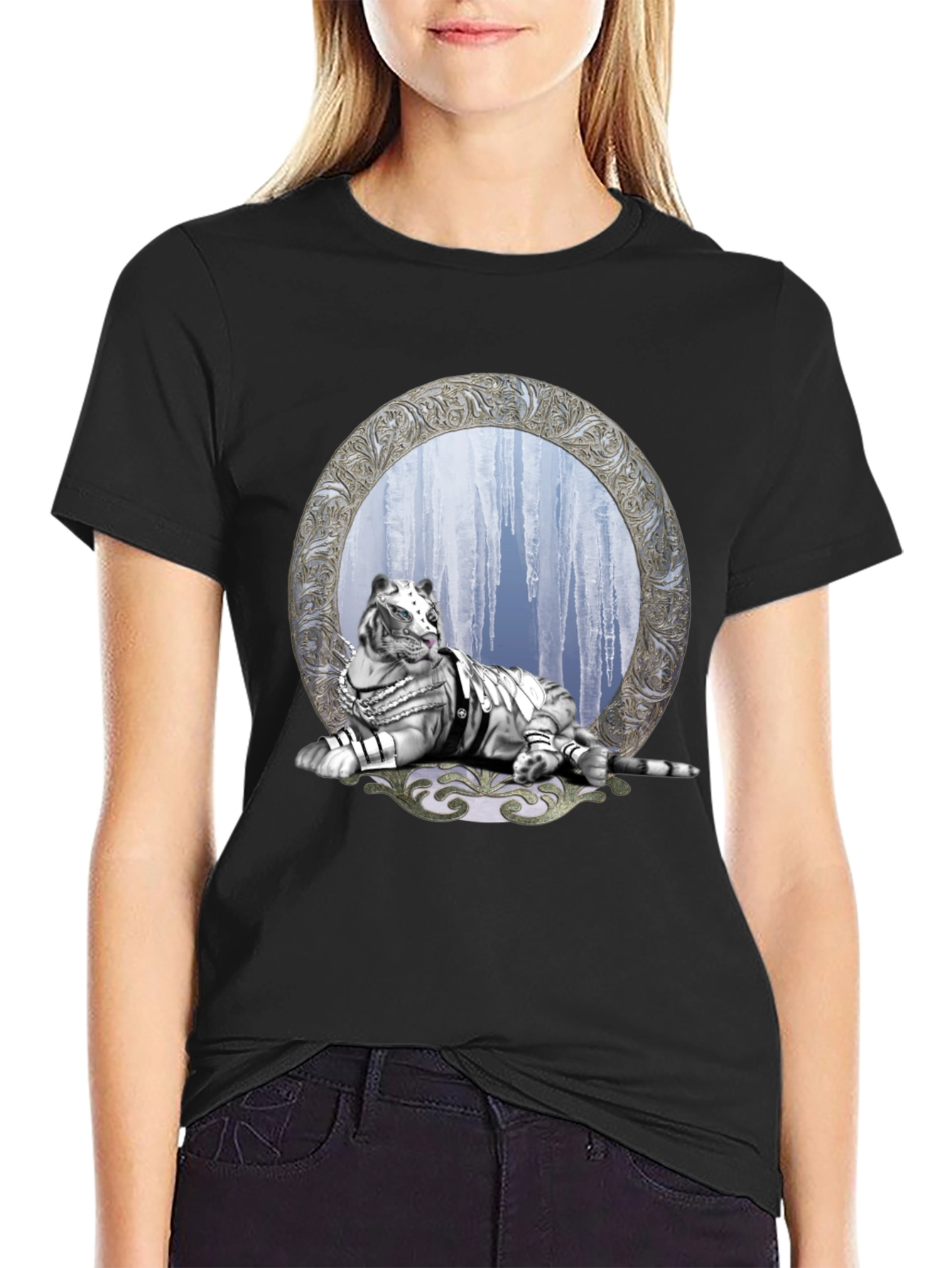 Black T-Shirt with White Tiger & Icicle Graphic
