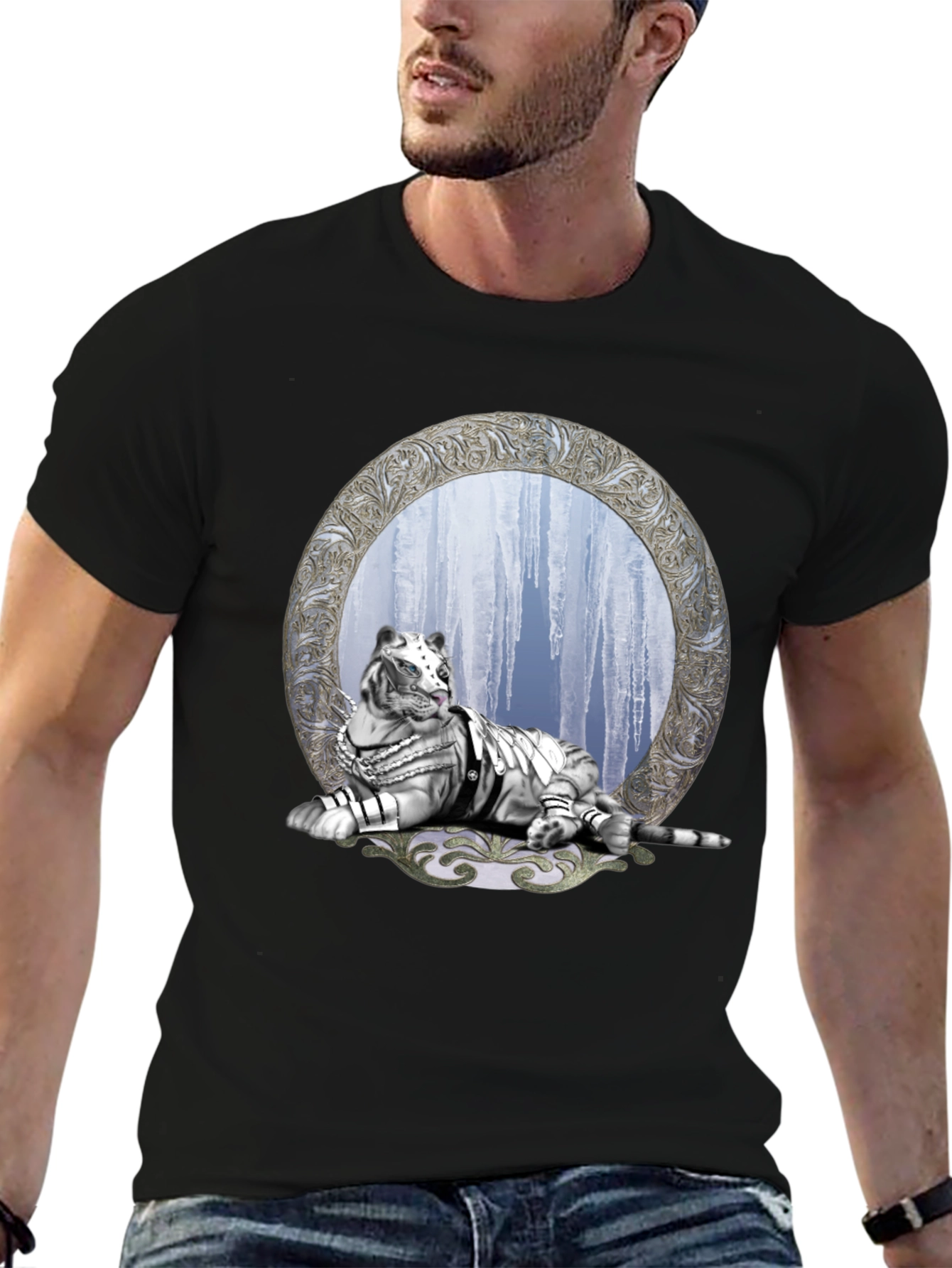 Black T-Shirt with White Tiger & Icicle Graphic
