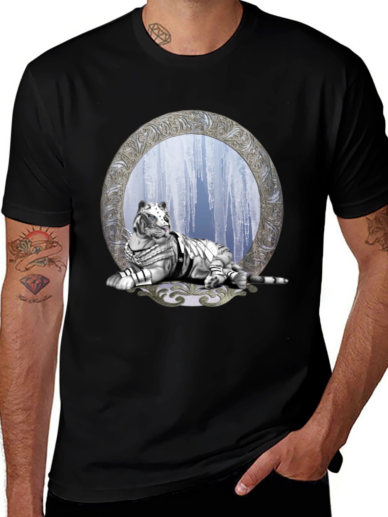 Black T-Shirt with White Tiger & Icicle Graphic