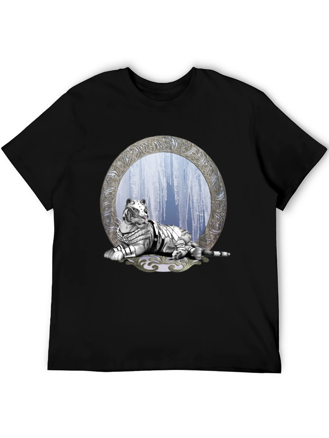 Black T-Shirt with White Tiger & Icicle Graphic