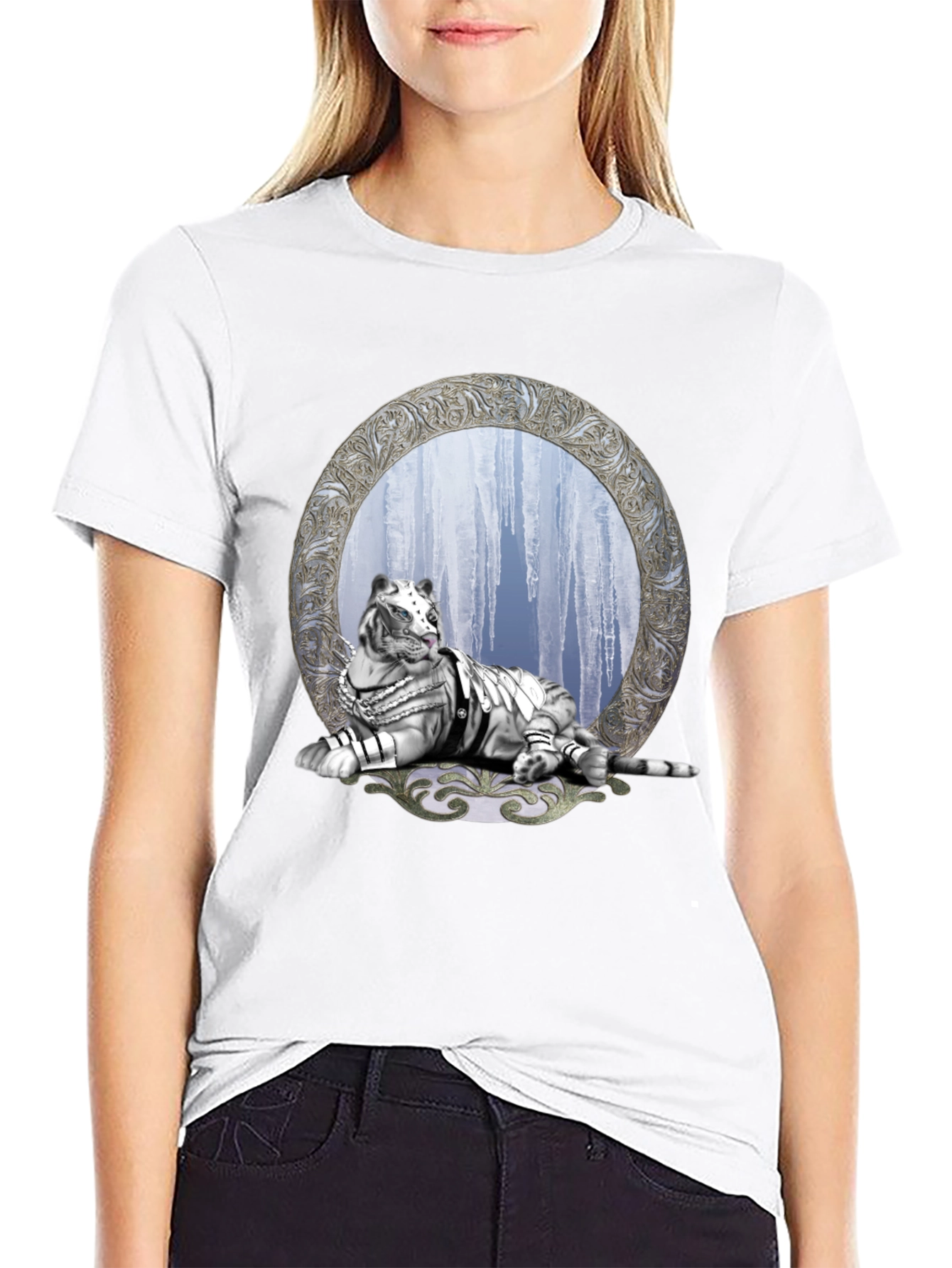 Black T-Shirt with White Tiger & Icicle Graphic