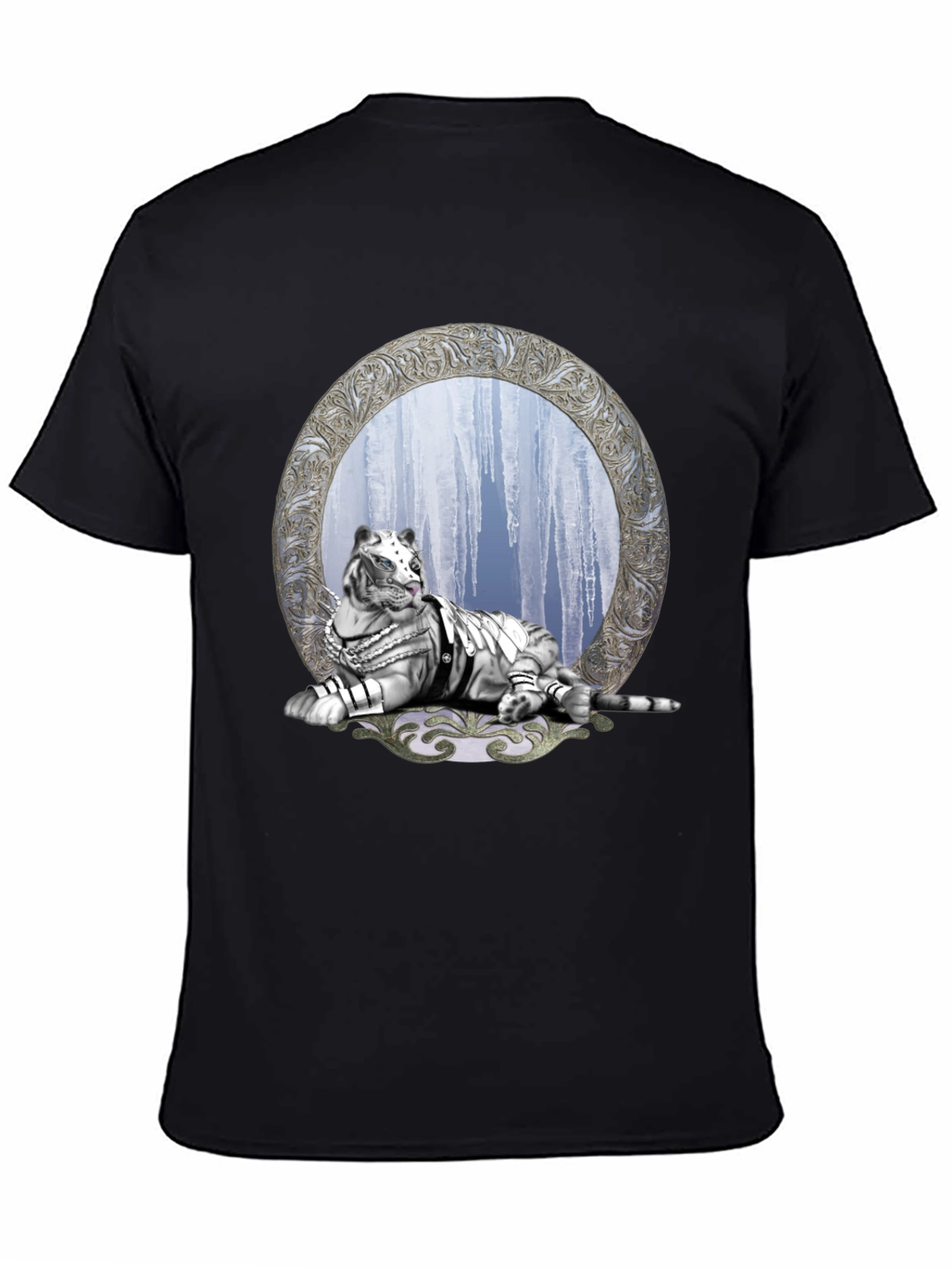 Black T-Shirt with White Tiger & Icicle Graphic