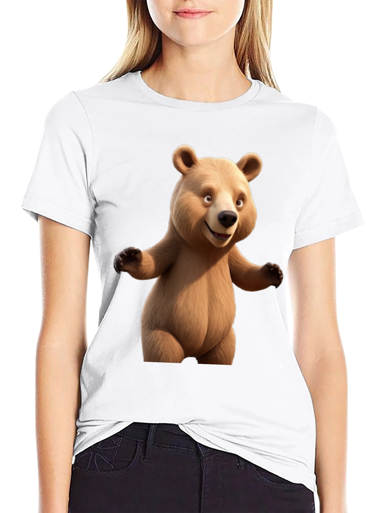Cartoon Bear Graphic Tee - Black