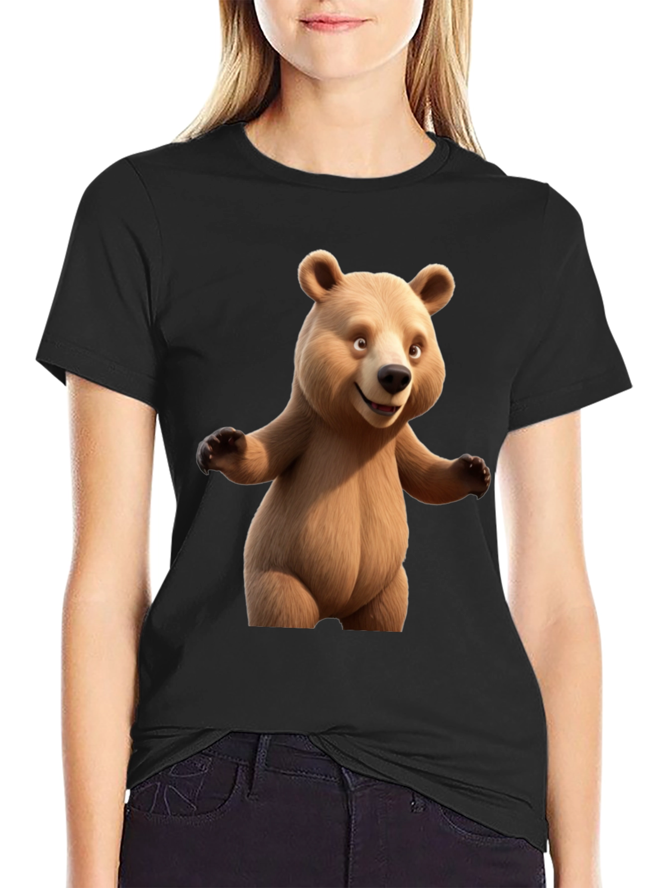 Cartoon Bear Graphic Tee - Black